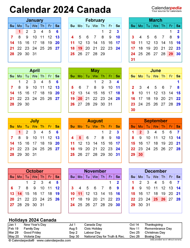 2024 Yearly Canadian Calendar Printable Calendar 2024