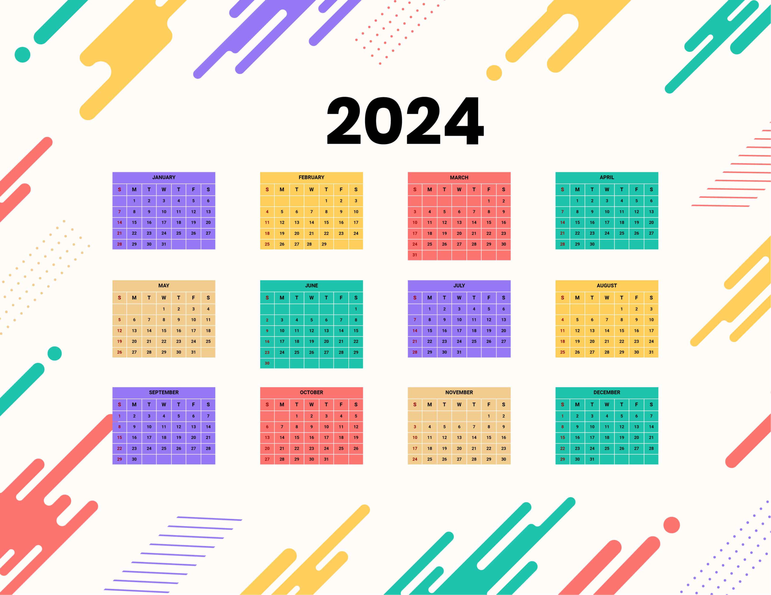 Colorful Year 2024 Calendar - Download In Word, Google Docs | 2024 Calendar Printable Colorful