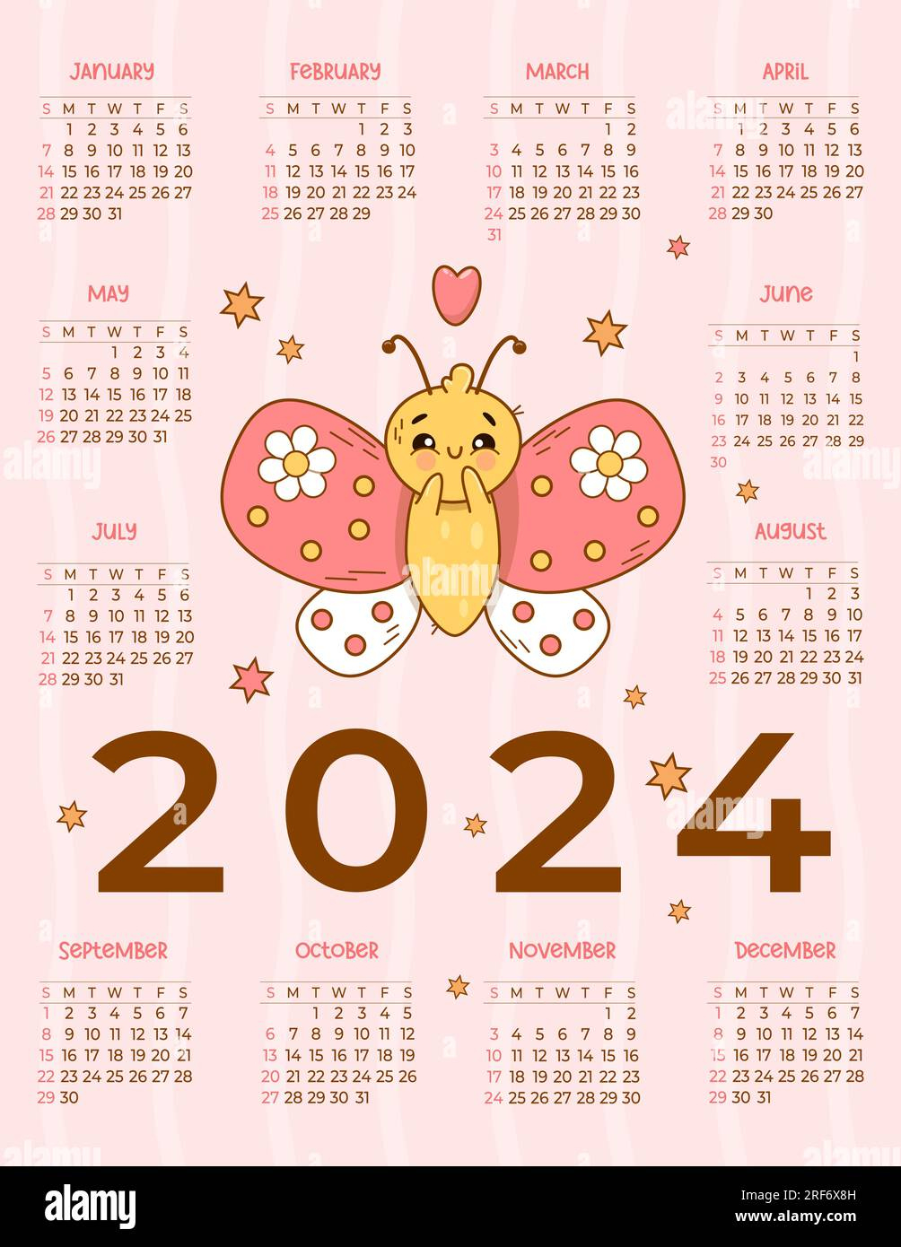 Cool Annual Calendar 2024 Cute Enamored Butterfly On Pink | Printable Calendar 2024 Cute
