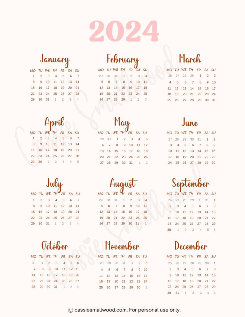 Cute Free Printable Monthly Calendar 2024 - Cassie Smallwood | 2024 Calendar Printable Cute