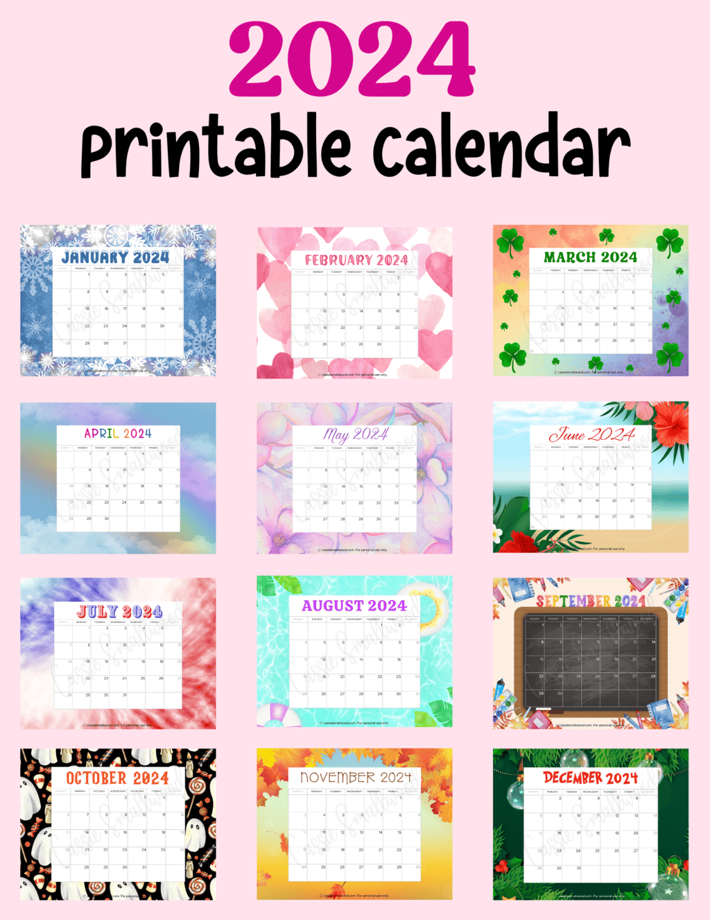 Cute Free Printable Monthly Calendar 2024 - Cassie Smallwood | 2024 Printable Calendar By Month Free Download