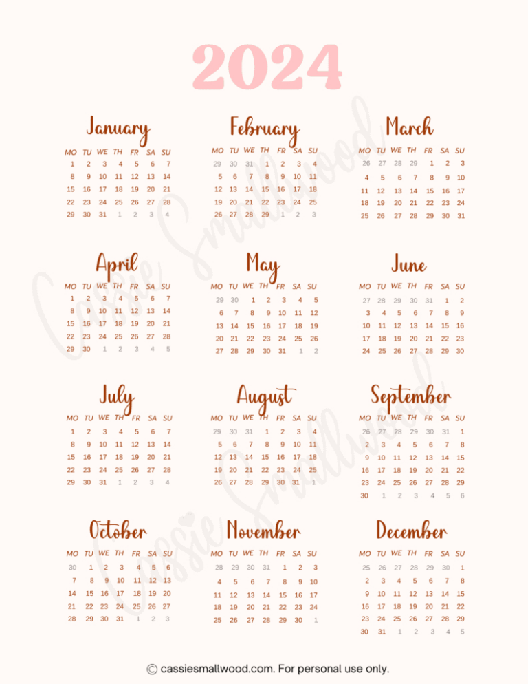 Cute Free Printable Monthly Calendar 2024 - Cassie Smallwood | Printable Calendar 2024 Aesthetic