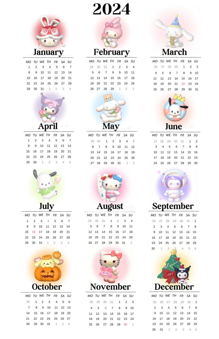 Cute Sanrio Yearly 2024 Calendar Poster In 2023 | Hello Kitty | Hello Kitty Calendar 2024 Printable