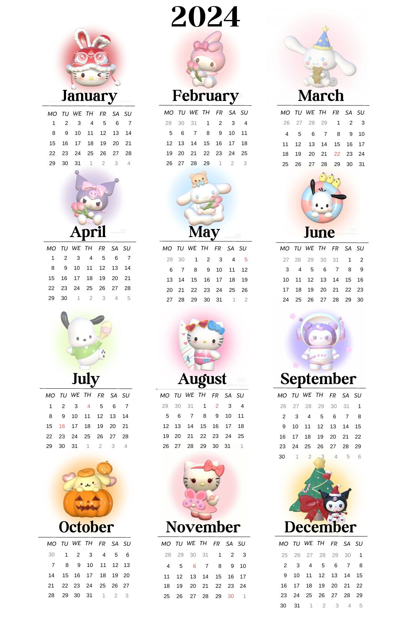 Cute Sanrio Yearly 2024 Calendar Poster In 2023 | Hello Kitty | Hello Kitty Printable Calendar 2024