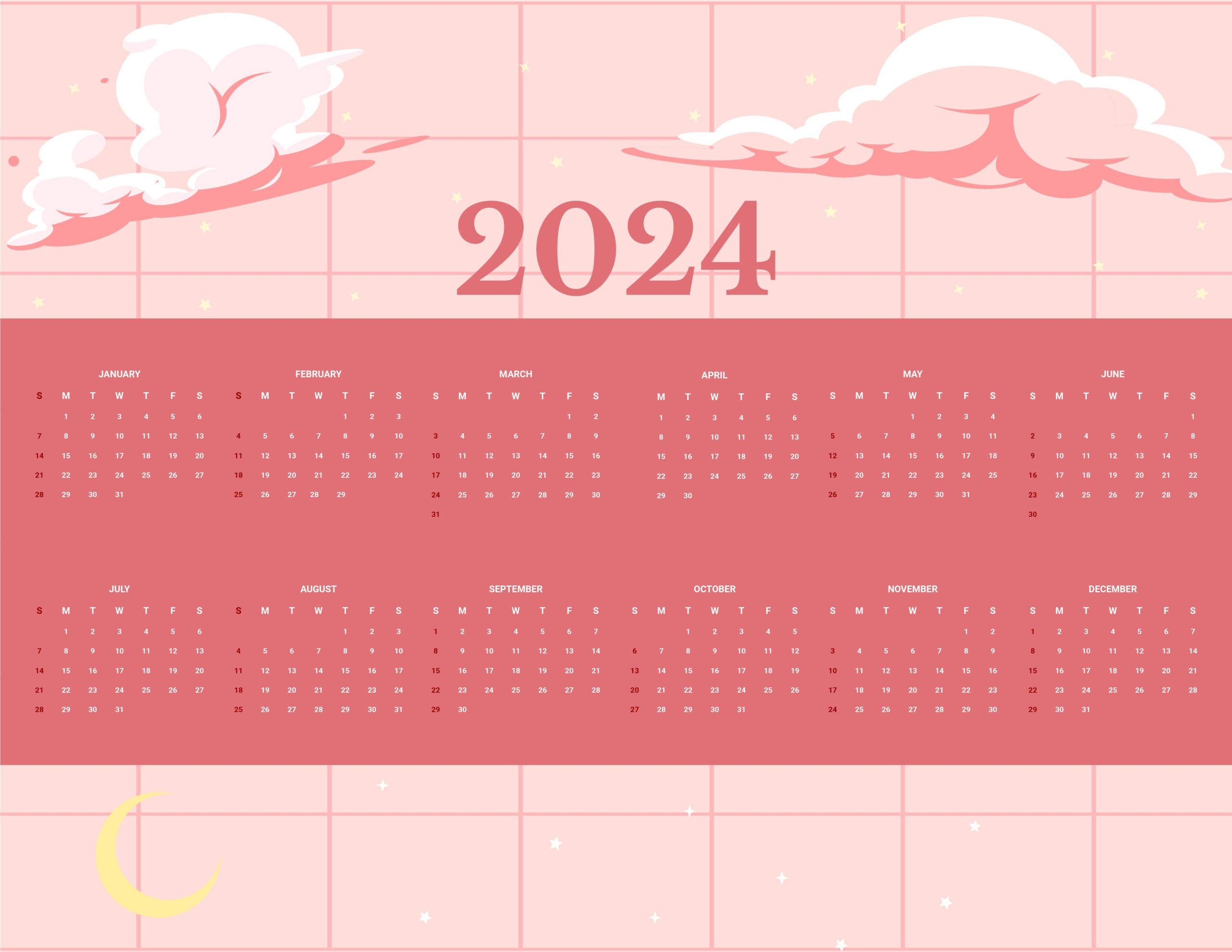 Cute Year 2024 Calendar - Download In Word, Google Docs | 2024 Calendar Printable Cute