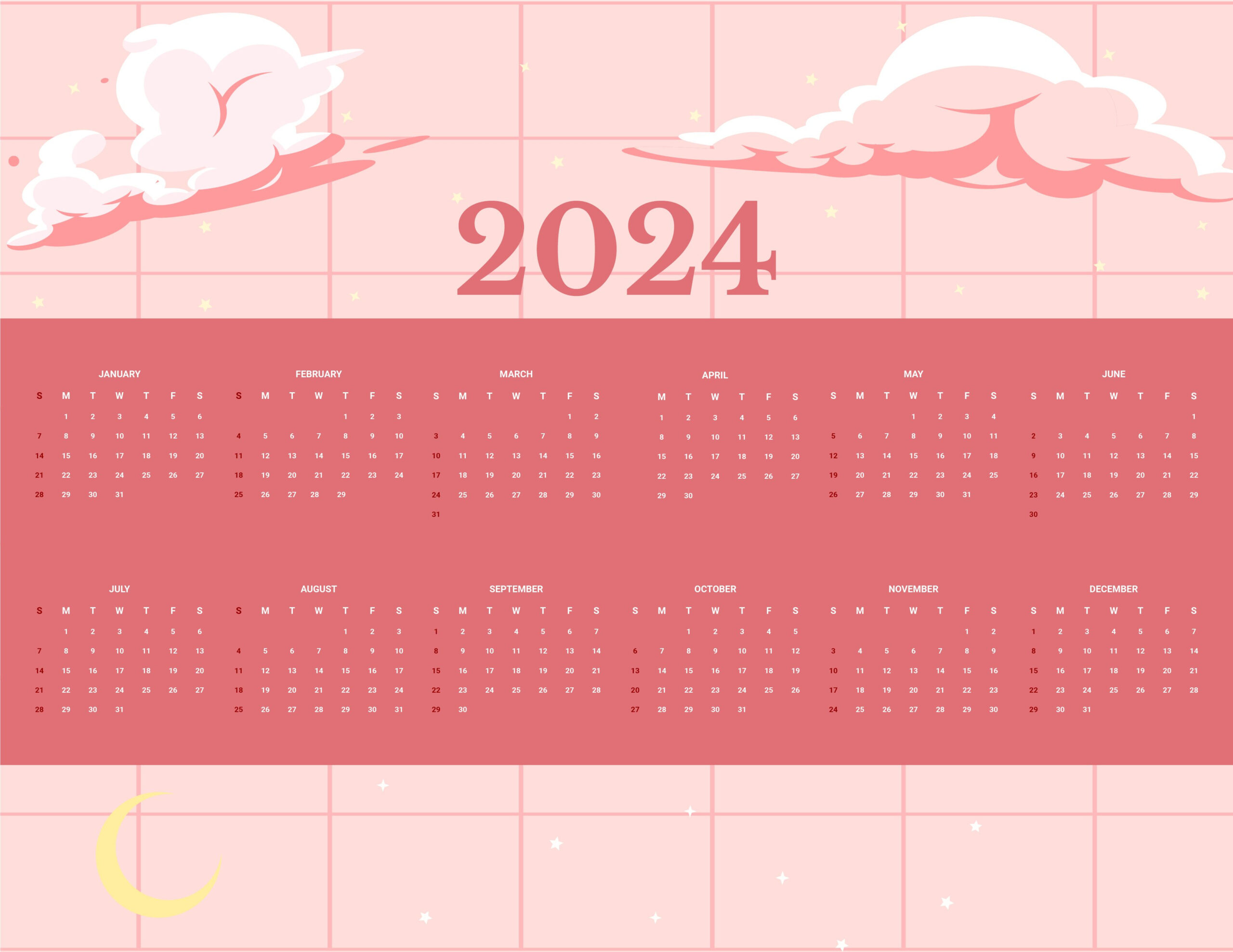 Cute Year 2024 Calendar - Download In Word, Google Docs | Printable Calendar 2024 Cute
