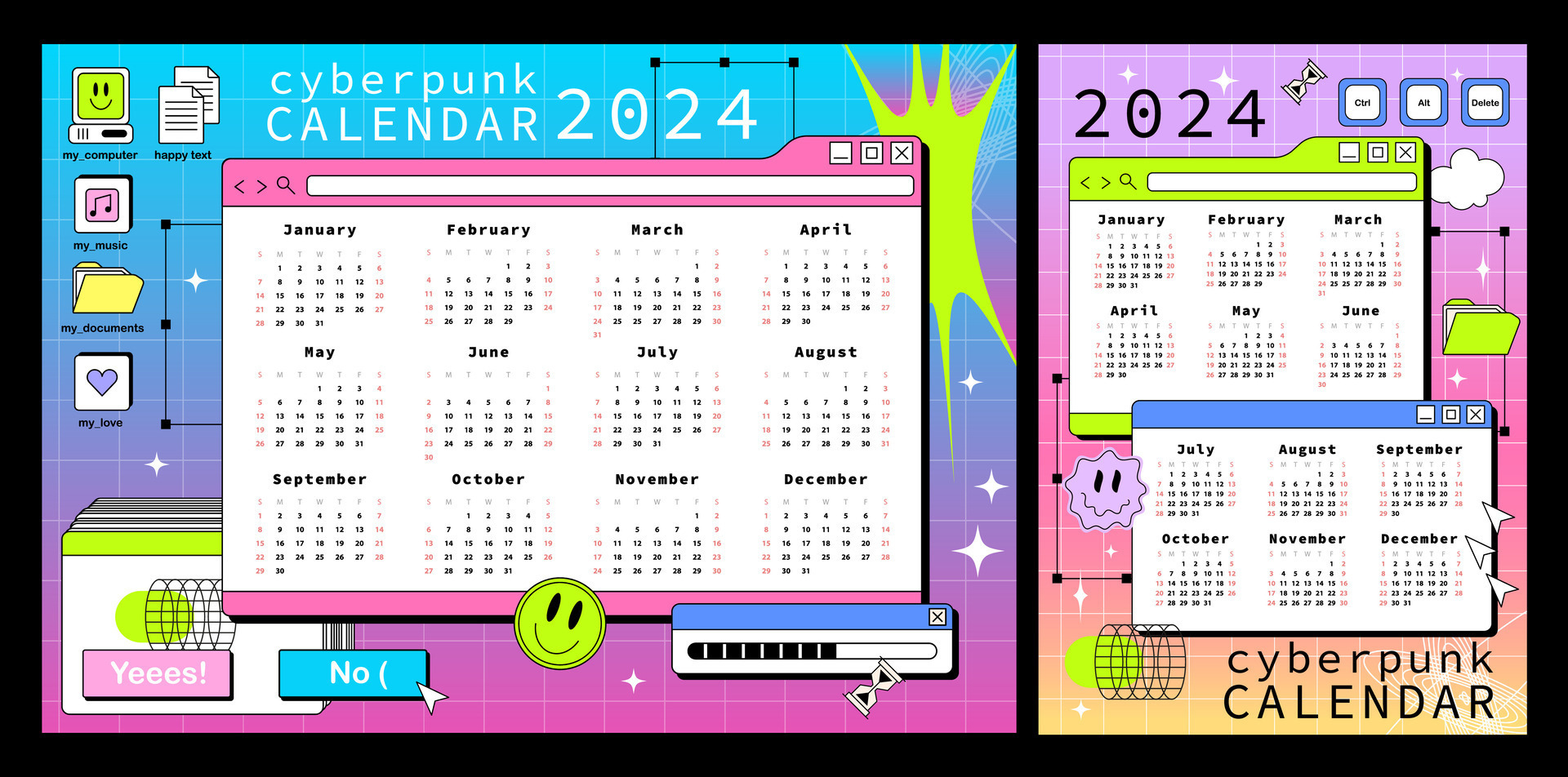 Cyberpunk Calendar Template For 2024. Horizontal And Vertical | Printable Calendar 2024 Win