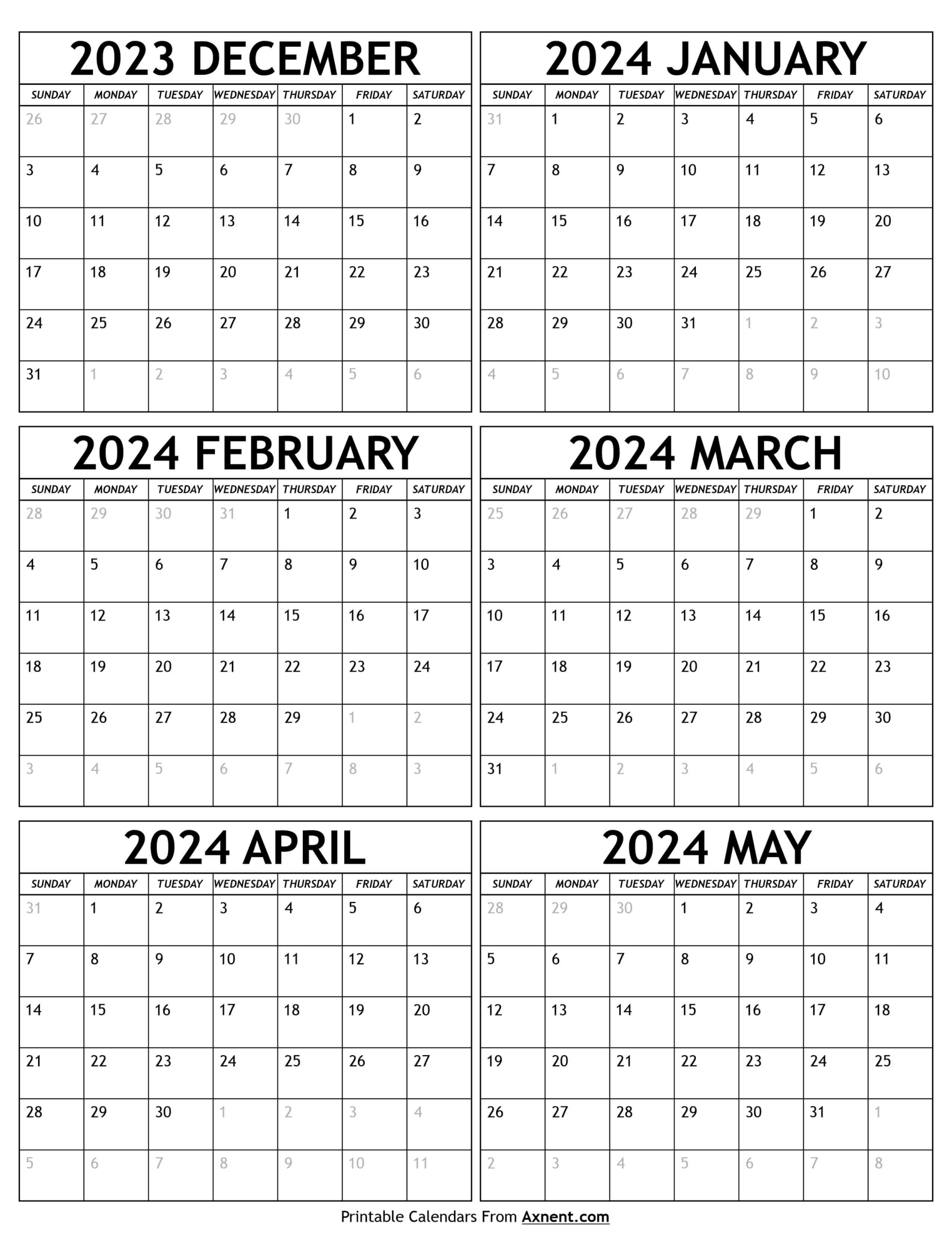 December 2023 To May 2024 Calendar Template - Six Months In 2023 | Printable Calendar October 2023 December 2024