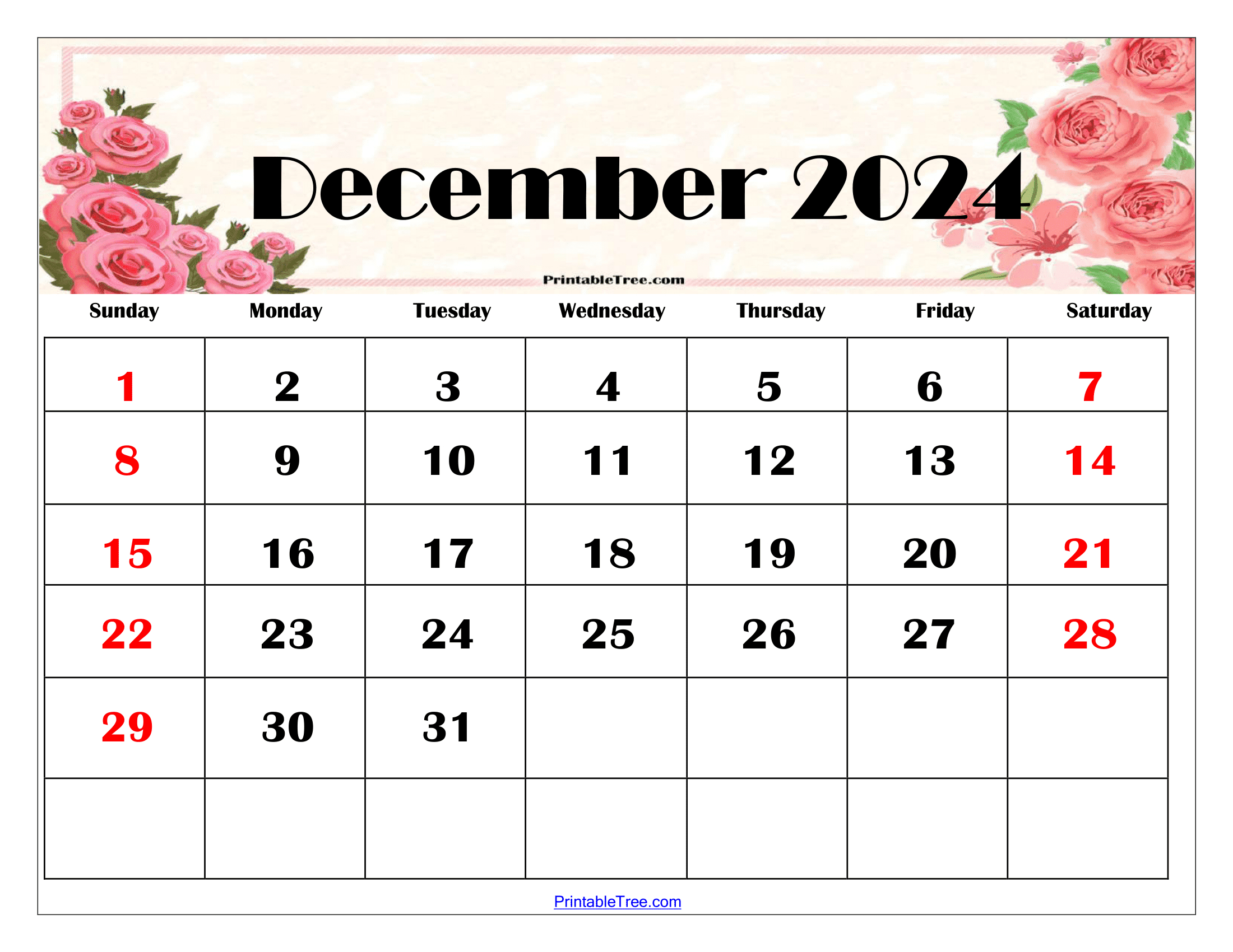 December 2024 Calendar Printable Pdf Blank Free Templates | Dec 2024 Calendar Printable Free