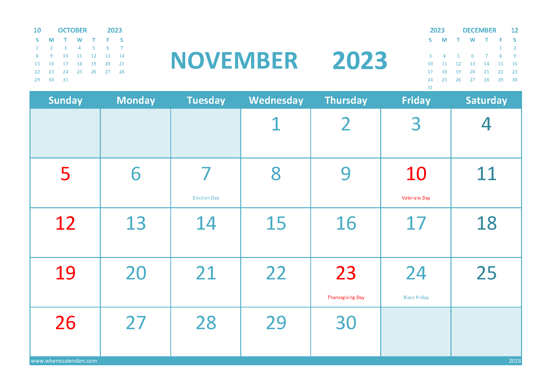 Download 2023 November Calendar Printable Free (10N23131) | Printable Calendar 2024 Waterproof Paper