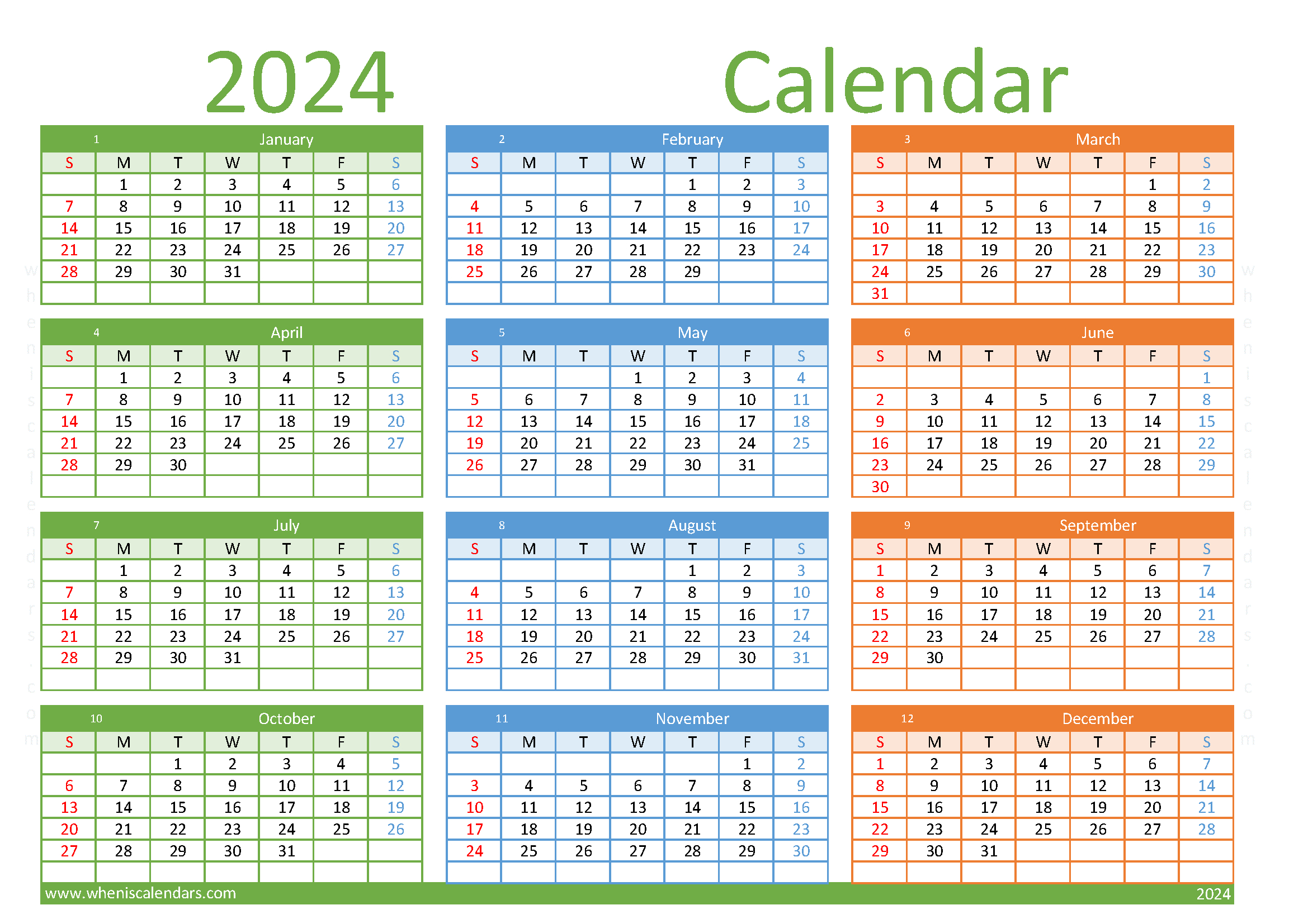 Download 2024 Printable Calendar Free A4 O24Y101 | Free Printable Calendar 2024 Waterproof