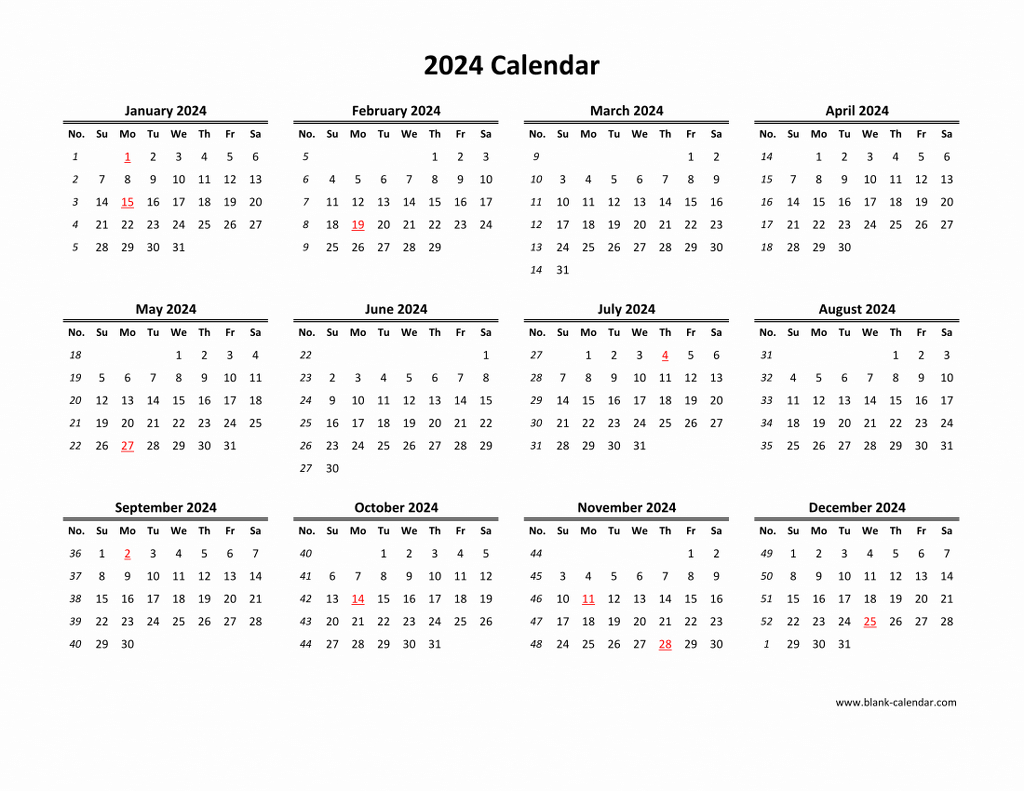 Download Blank Calendar 2024 (12 Months On One Page, Horizontal) | 2024 Calendar Download