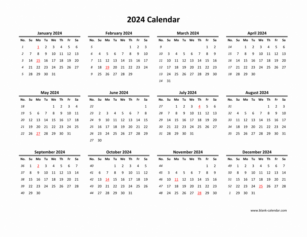 Download Blank Calendar 2024 (12 Months On One Page, Horizontal) | 2024 Calendar Printable Landscape