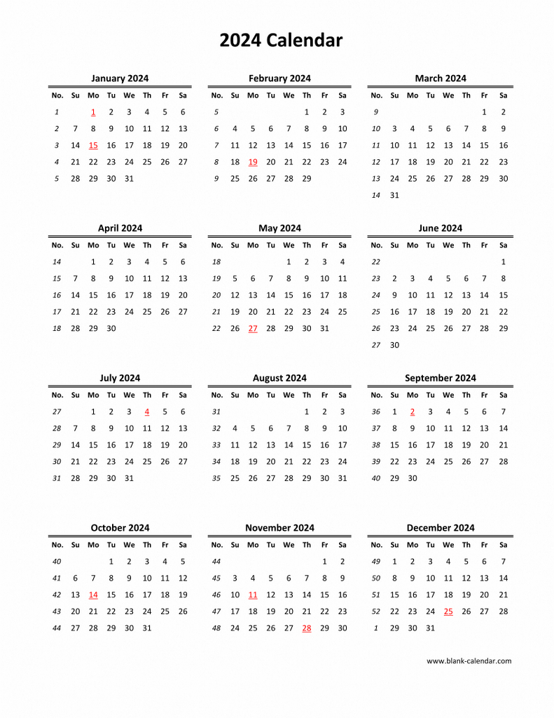 Download Blank Calendar 2024 (12 Months On One Page, Vertical) | 2024 Calendar Free Printable One Page Word