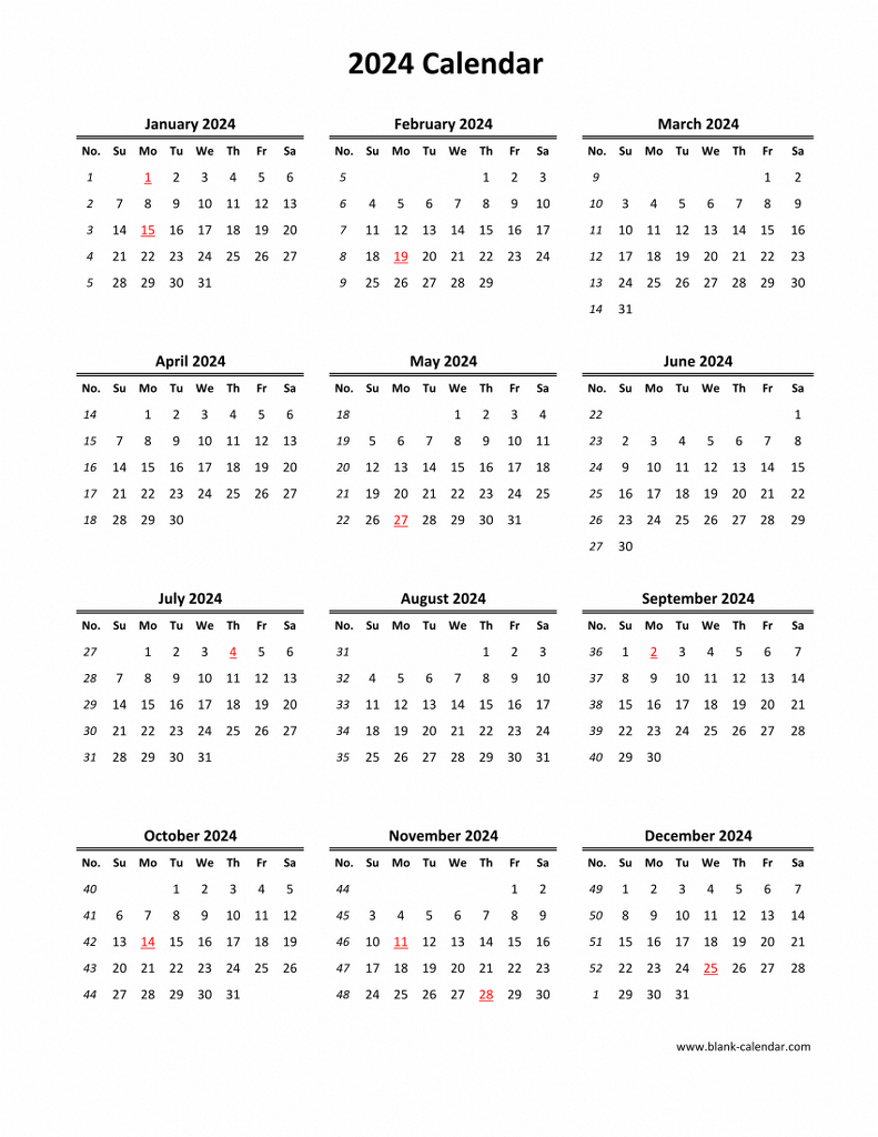 Download Blank Calendar 2024 (12 Months On One Page, Vertical) | Printable Calendar 2024 Vertical