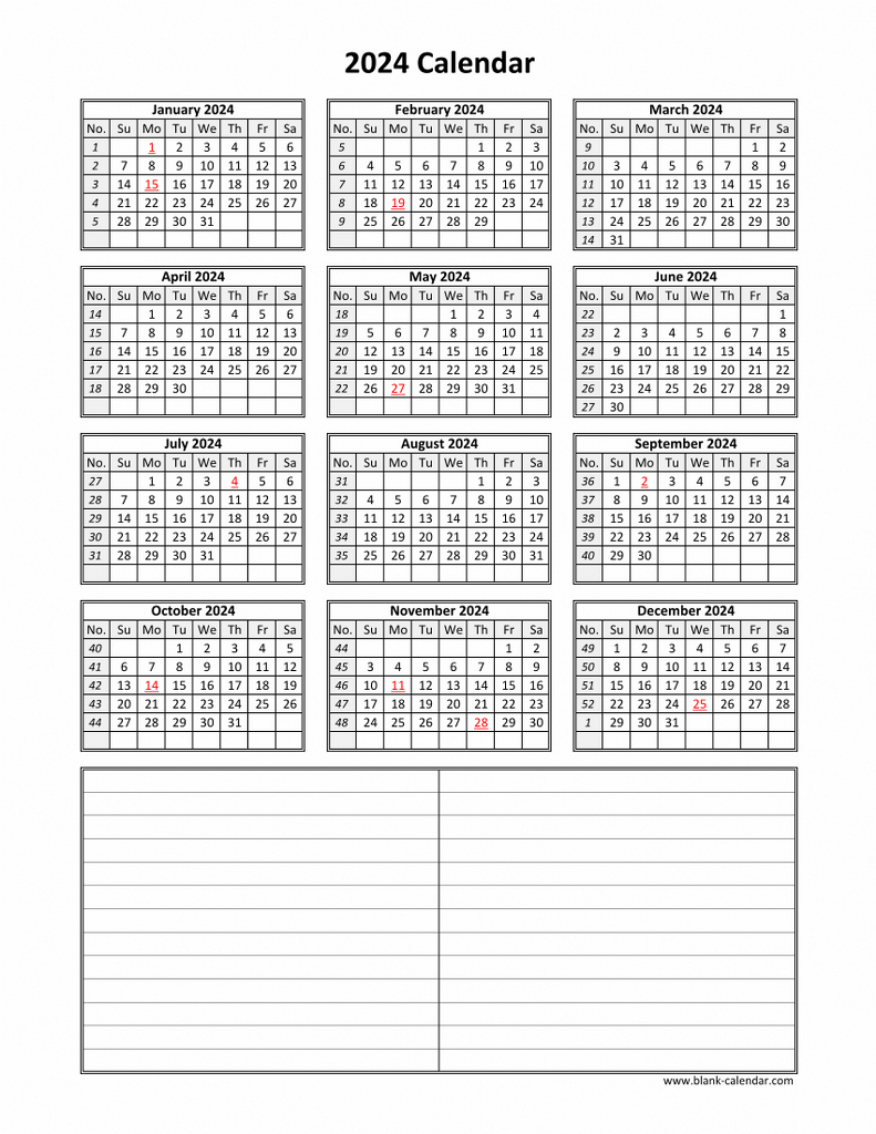 Download Blank Calendar 2024 With Space For Notes (12 Months On | 2024 Calendar Printable With Notes