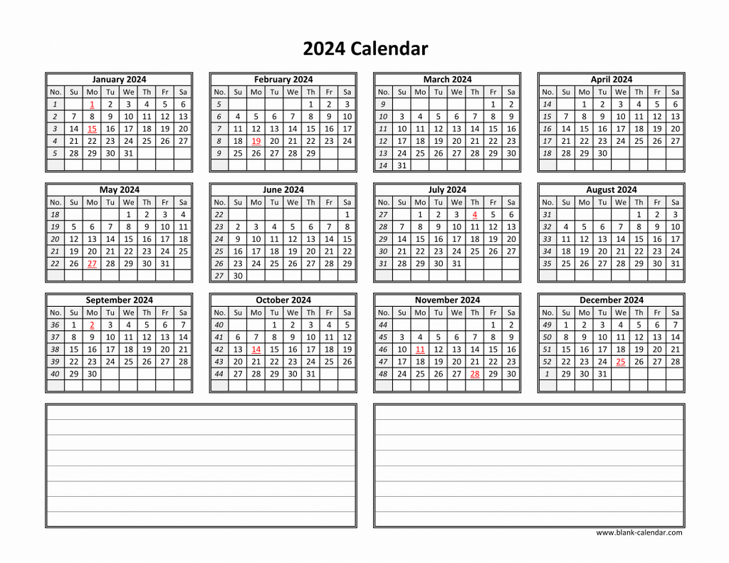 Download Blank Calendar 2024 With Space For Notes (12 Months On | Printable Calendar 2024 With Notes