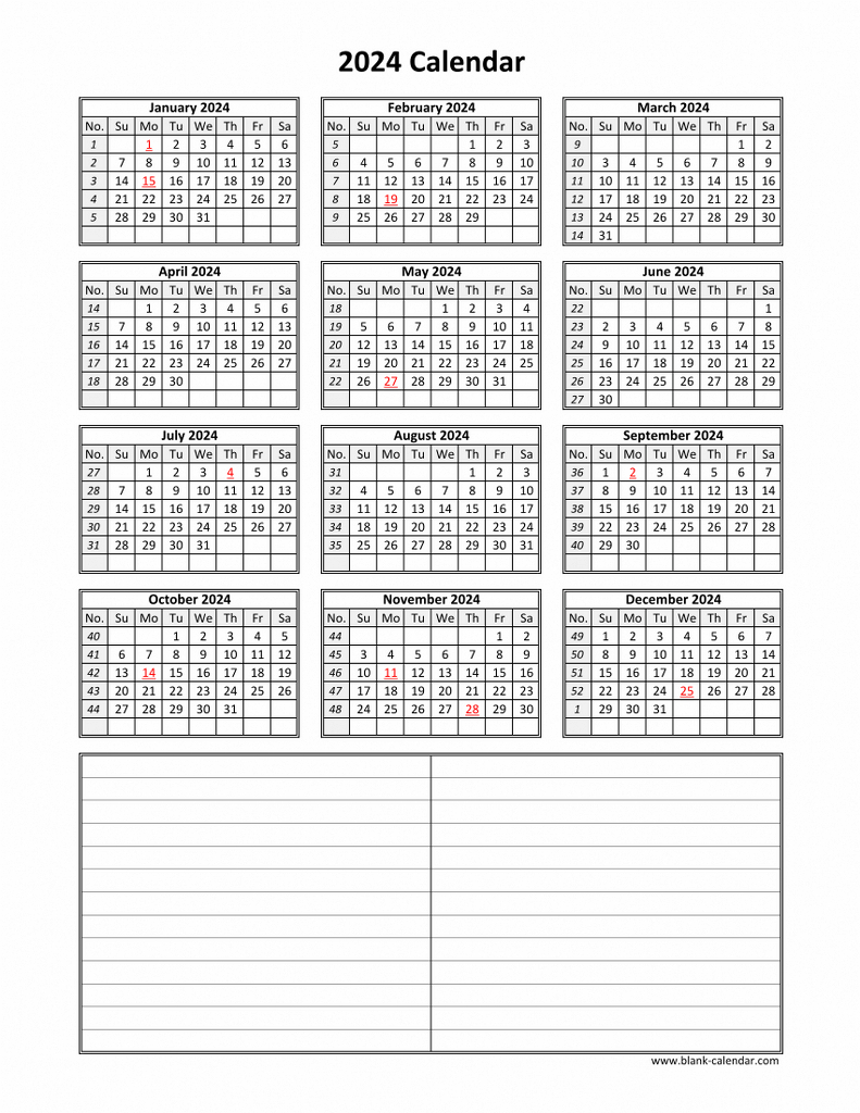 Download Blank Calendar 2024 With Space For Notes (12 Months On | Printable Calendar 2024 With Notes