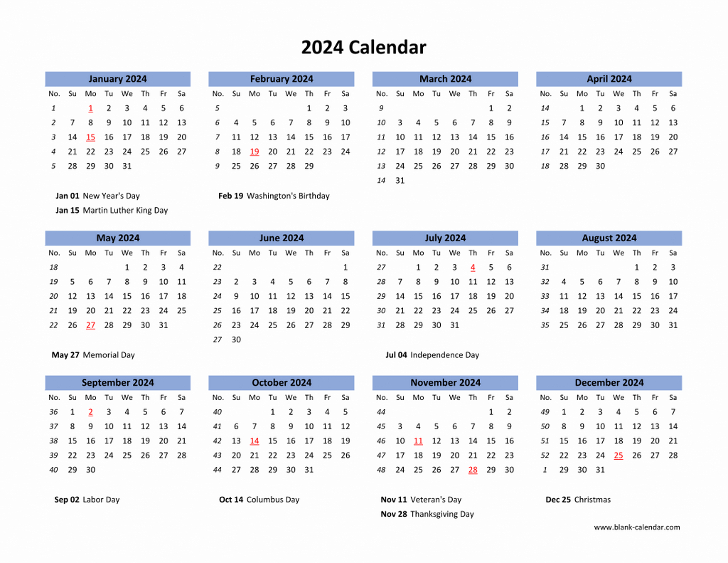 Download Blank Calendar 2024 With Us Holidays (12 Months On One | 2024 Printable Calendar One Page With Holidays Free