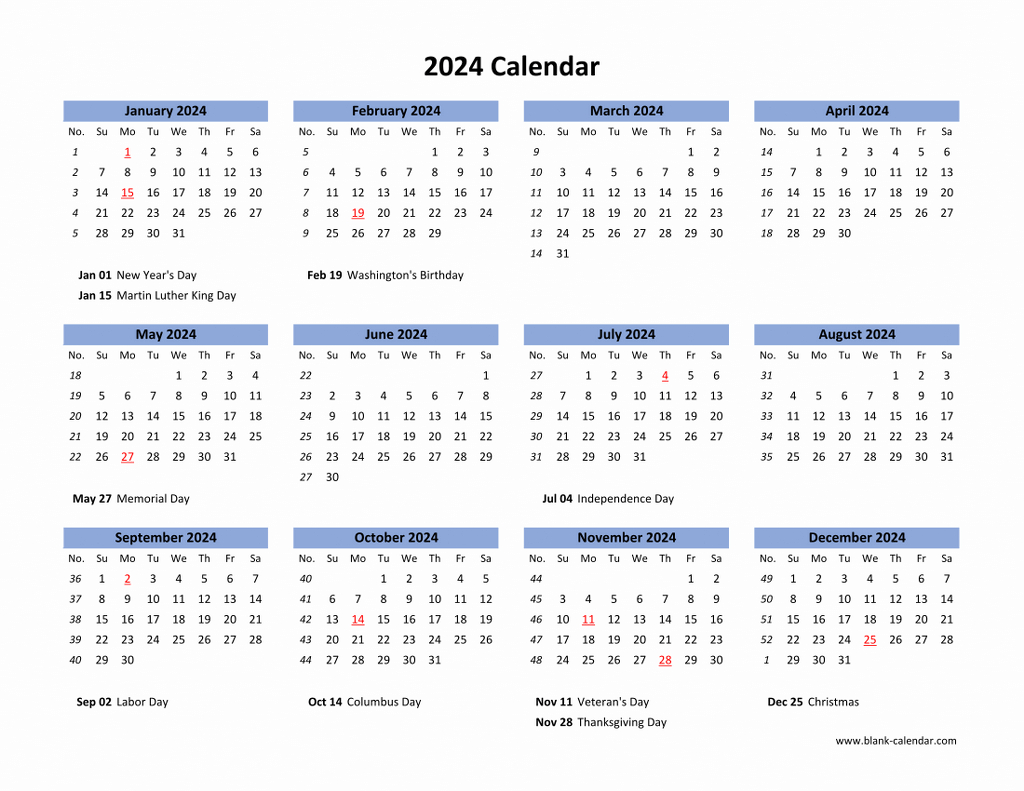 Download Blank Calendar 2024 With Us Holidays (12 Months On One | Free Printable Calendar 2024 With Us Holidays