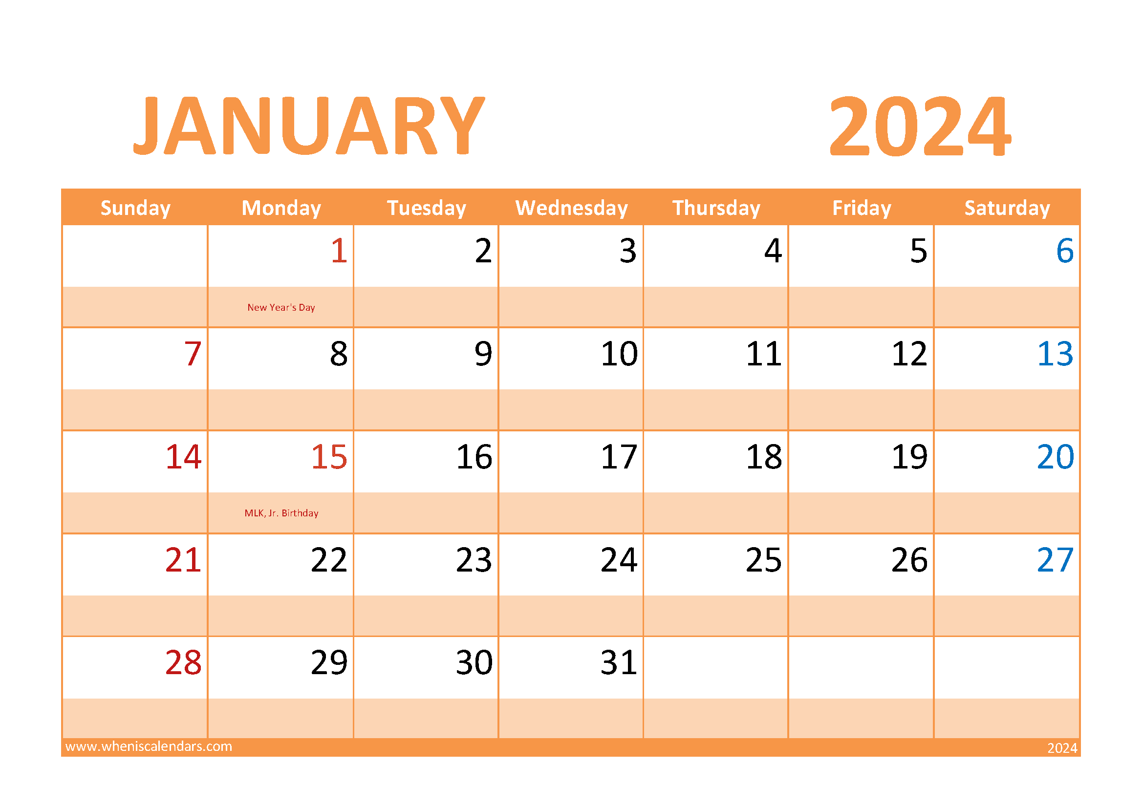 Download Free Printable Blank Calendar January 2024 A4 Horizontal | Free Printable Calendar 2024 Waterproof