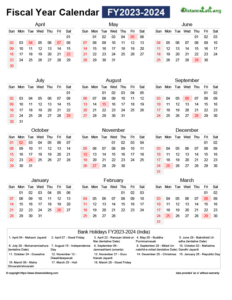 Download Free Printable Fiscal 2024 Monthly Calendar With Indian | Printable Calendar 2024 With Holidays India