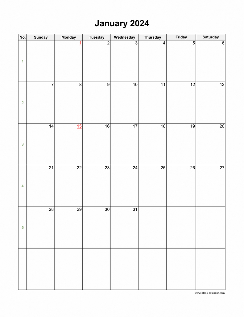Download January 2024 Blank Calendar (Vertical) | January 2024 Calendar Printable Vertical