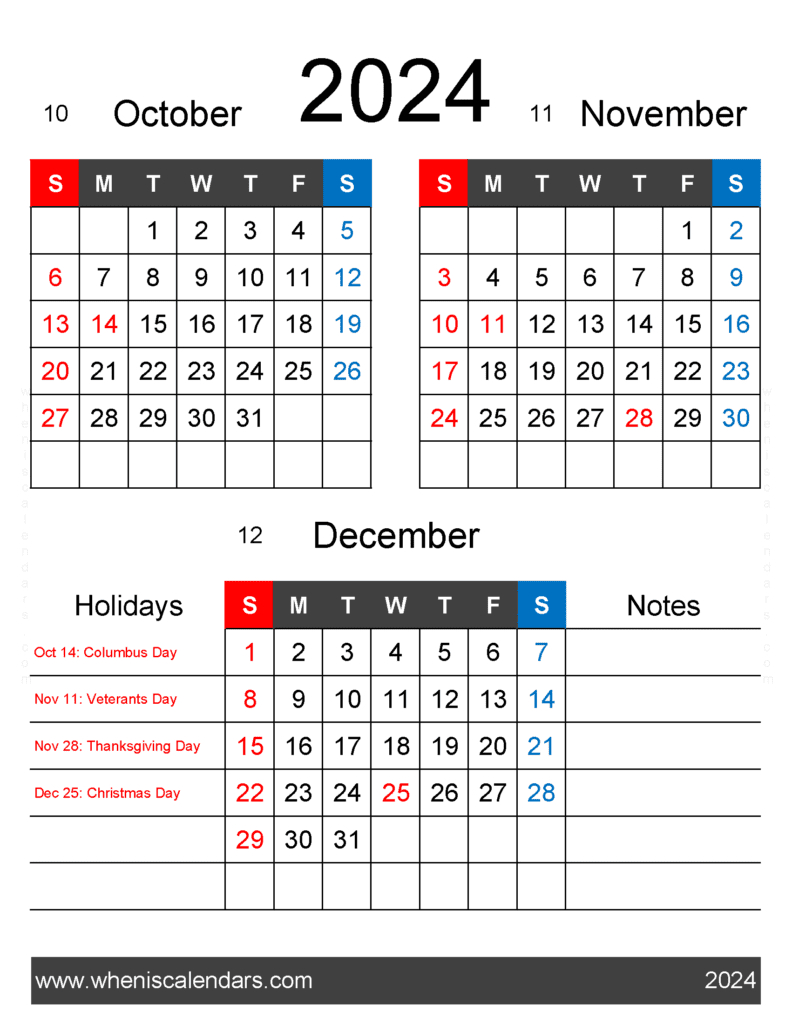 Download Oct Nov Dec 2024 Calendar Ond441 | Free Printable Calendar 2024 Waterproof