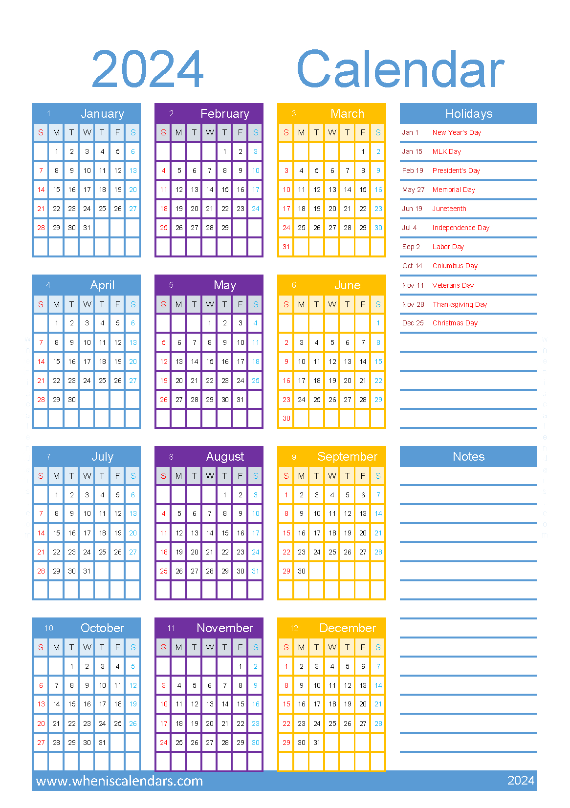 Download Printable Yearly Calendar 2024 A5 O24Y071 | 2024 Calendar Printable Vertex42