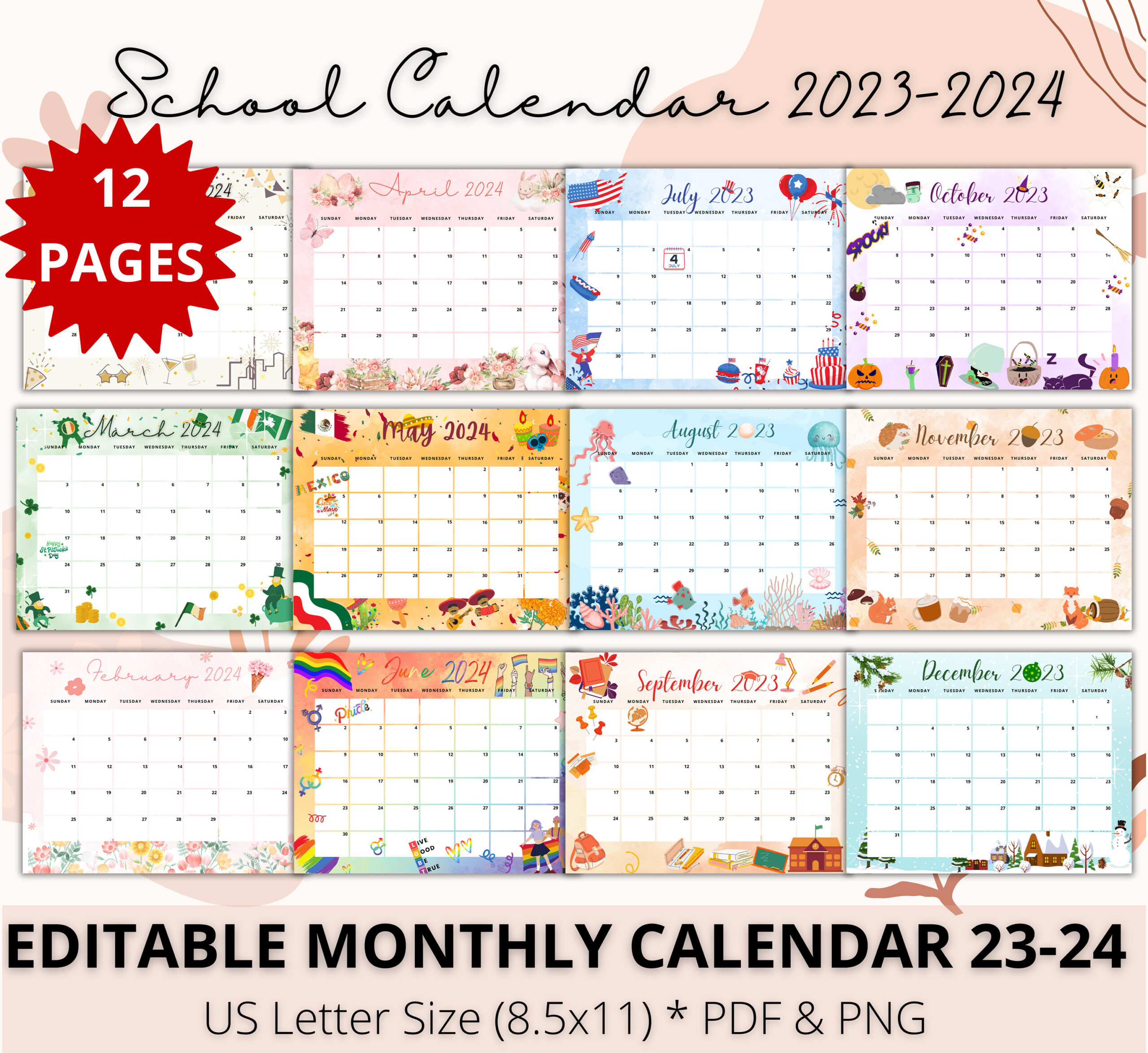 Editable 2023 2024 Calendar Academic Planner Calendar For - Etsy | School Calendar 2024 Uganda Printable