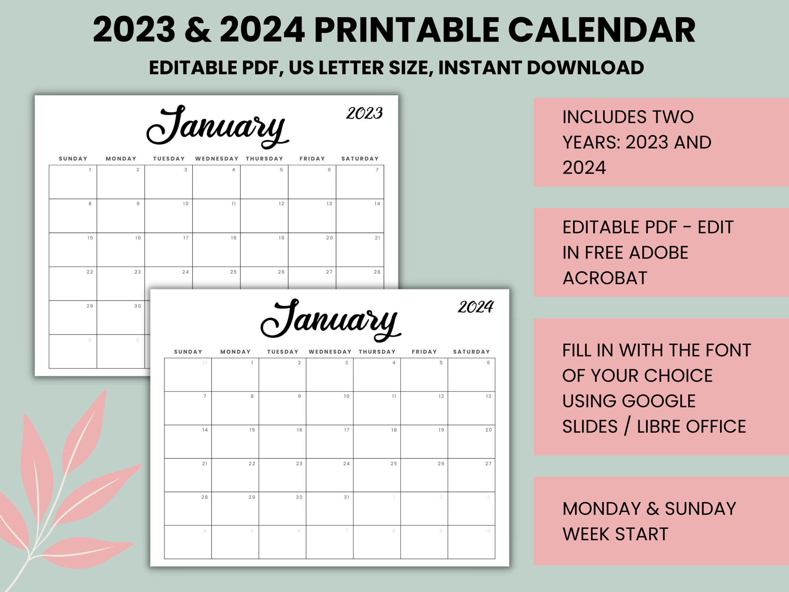Editable 2023 Calendar 2024 Calendar 2024 Monthly Planner | 2023 Calendar 2024 Printable Editable