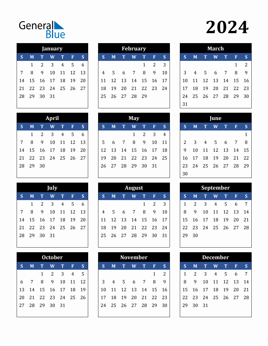 Editable 2024 Calendar | 2024 Monthly Calendar Printable General Blue