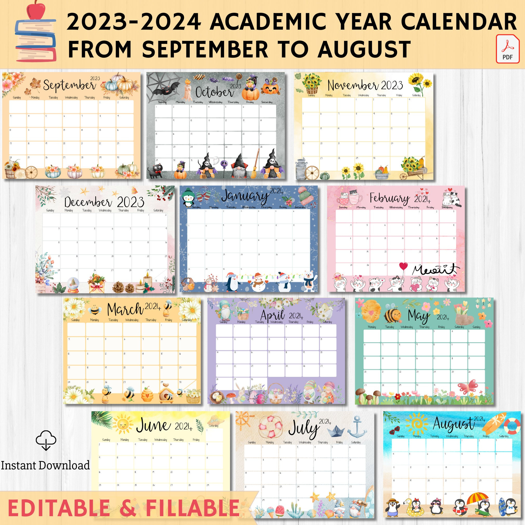 Editable Academic Calendar 2023-2024 From September To August - Etsy | 2024 School Calendar Kenya Printable