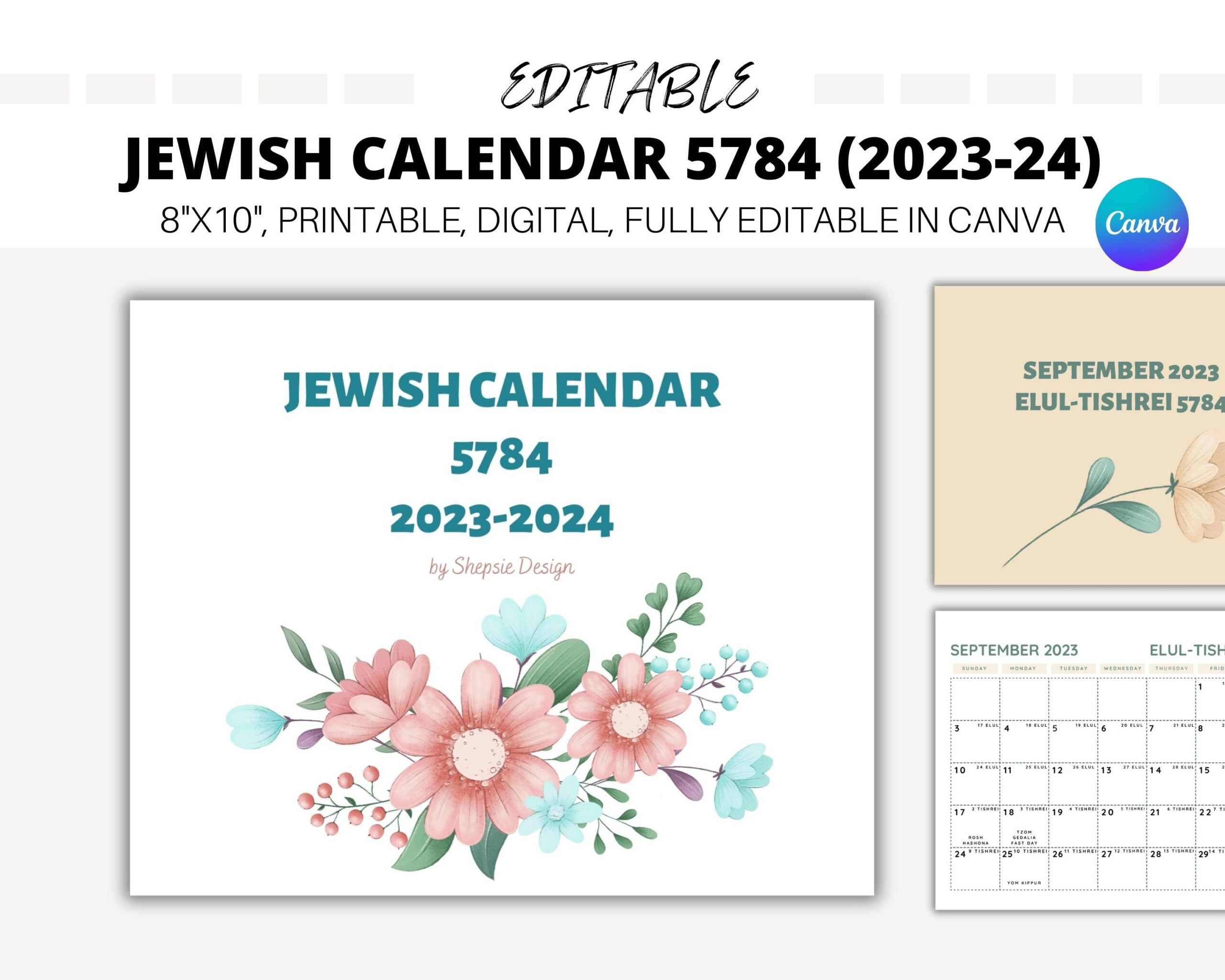 Editable Jewish Calendar 2024 Hebrew Calendar 5784 Printable | Hebrew Calendar 2024 Printable