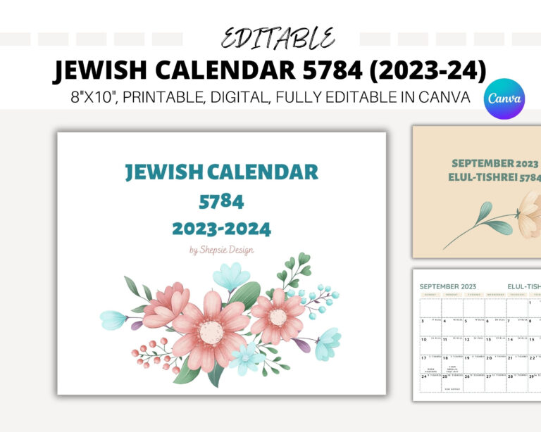 Editable Jewish Calendar 2024 Hebrew Calendar 5784 Printable | Jewish Calendar 2024 Printable