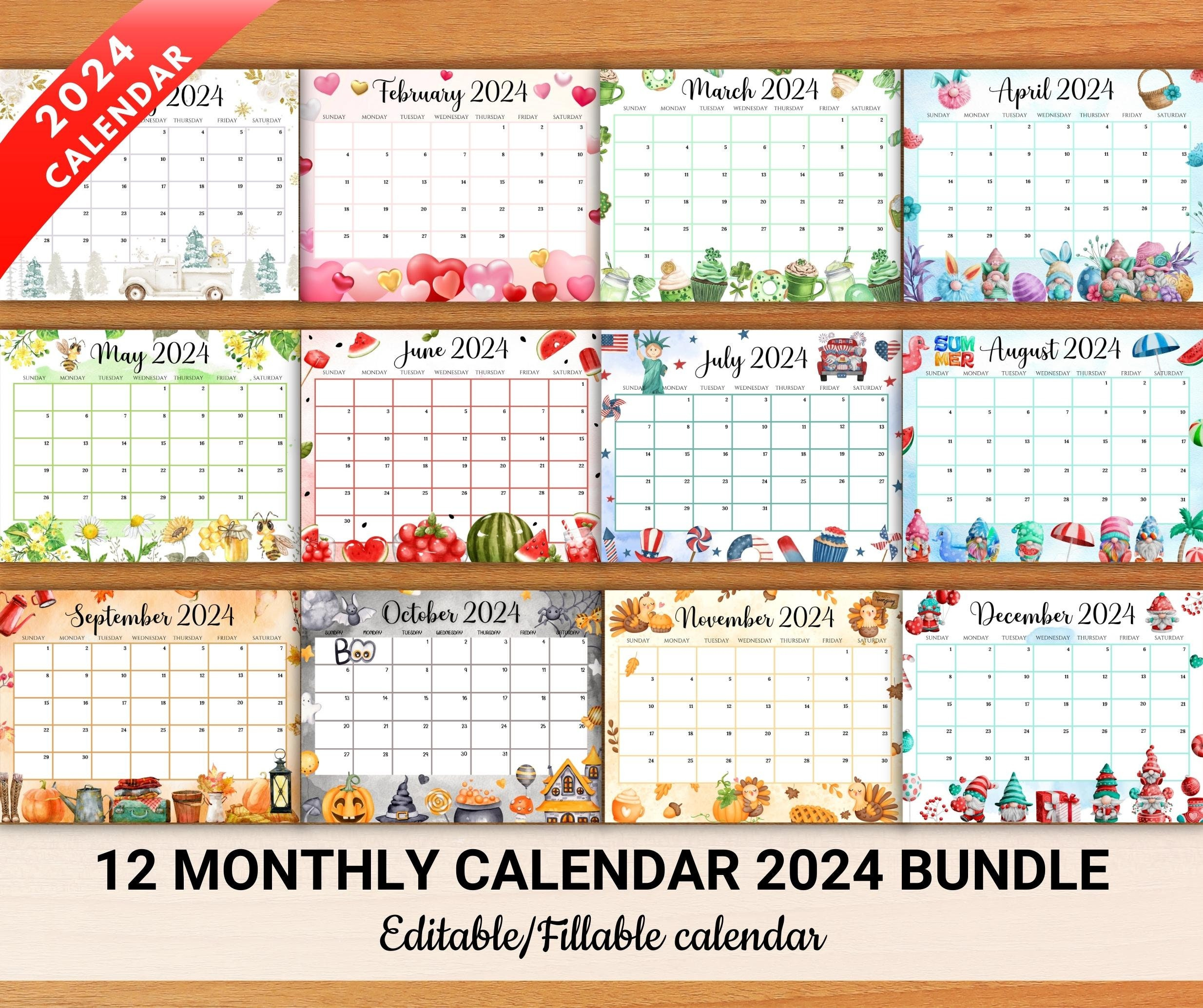 Editable Monthly Calendar 2024 Bundle Cute Printable Fillable | Printable Calendar 2024 Month By Month