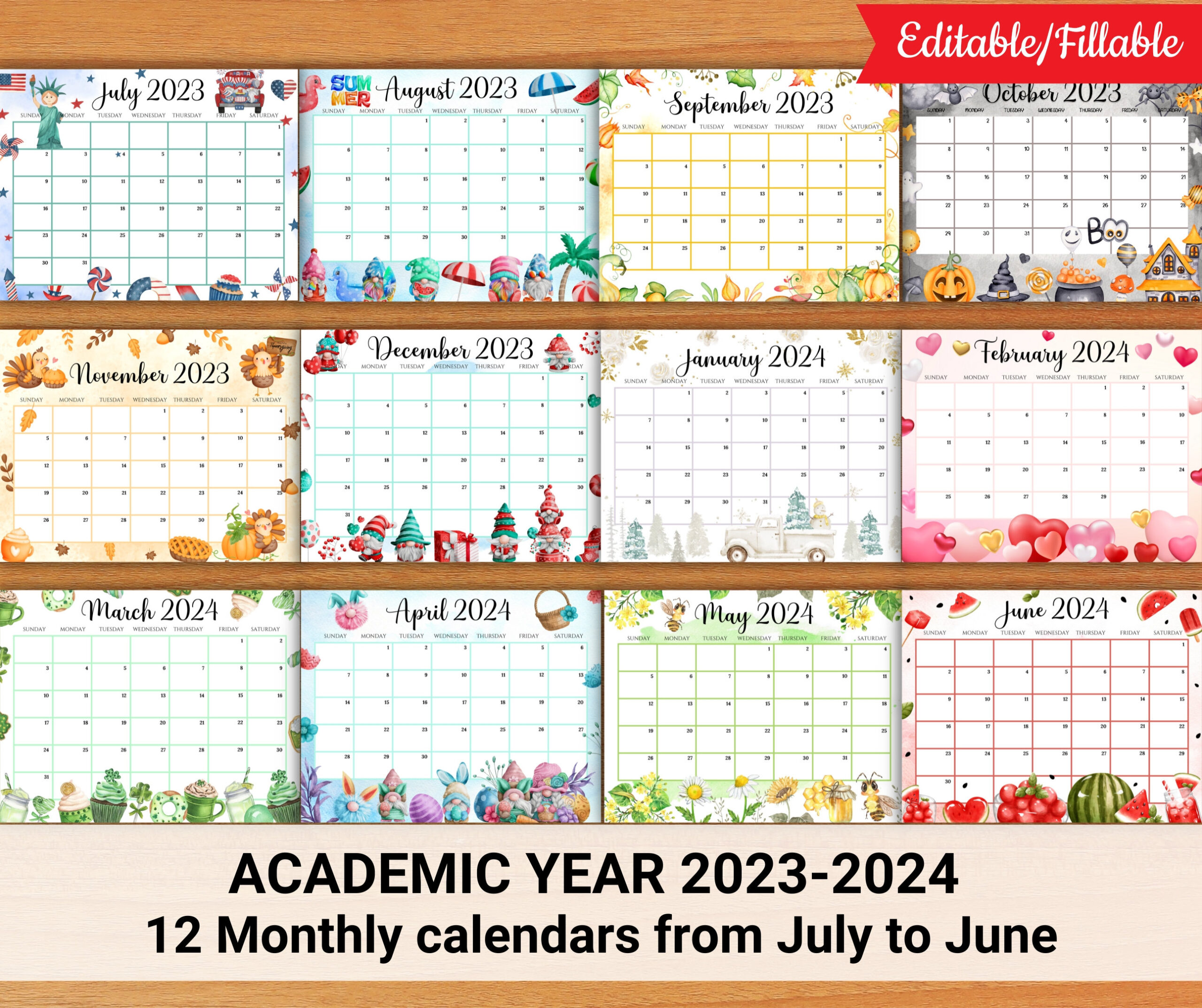 Editable School Calendar 2023-2024 From July To June - Etsy | School Calendar 2024 Mauritius Printable