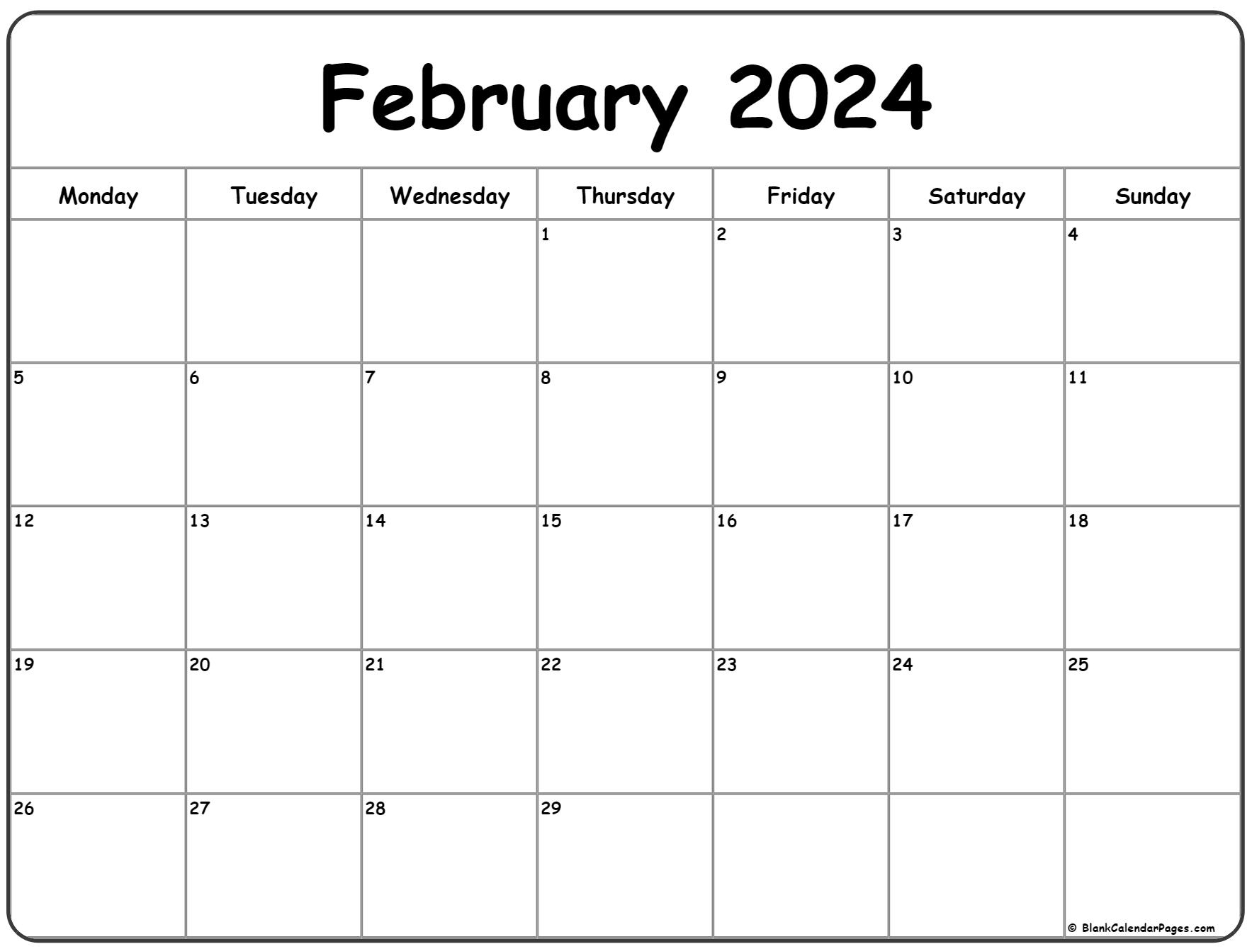 February 2024 Monday Calendar | Monday To Sunday | Printable Calendar 2024 Feb
