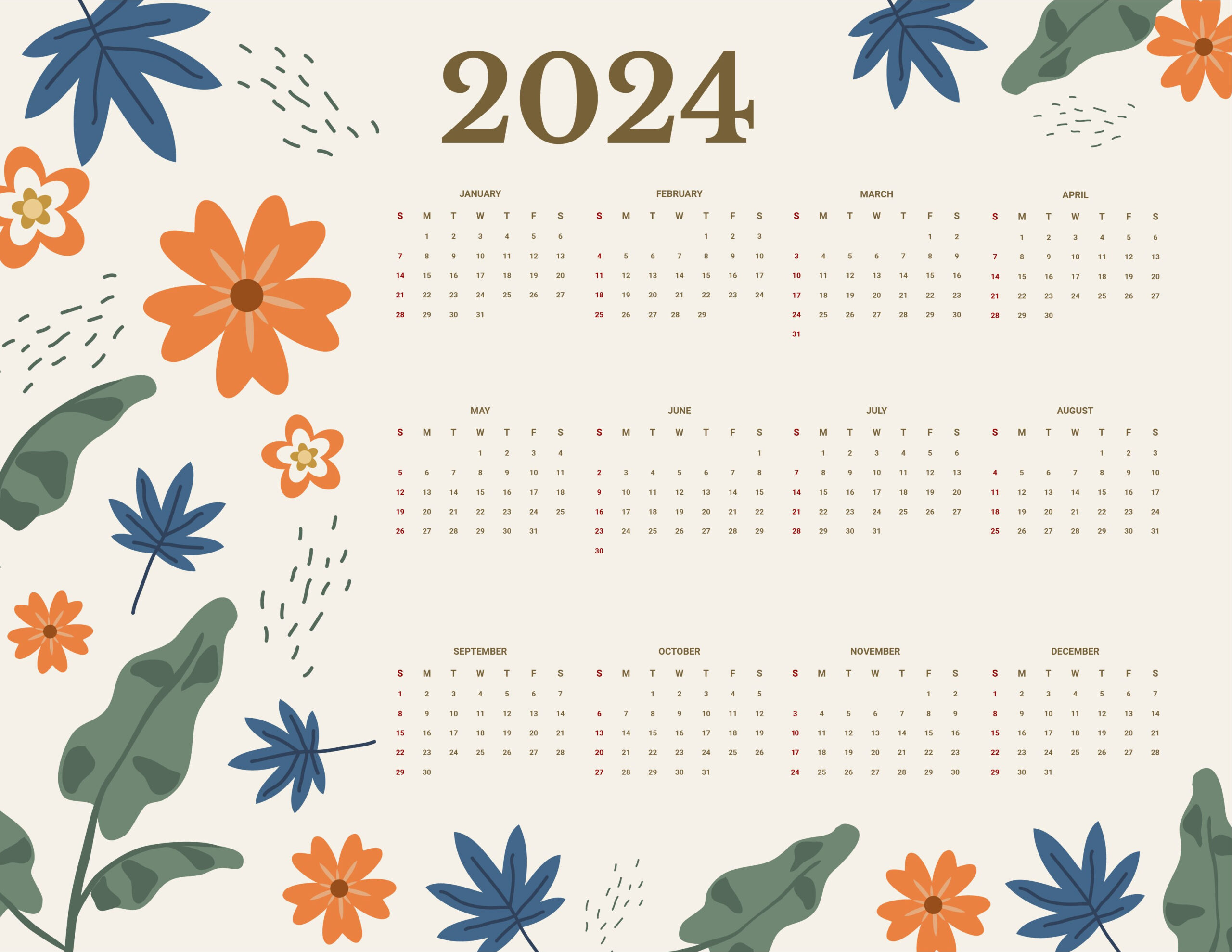 Floral Year 2024 Calendar - Download In Word, Google Docs | Printable Calendar 2024 Cute
