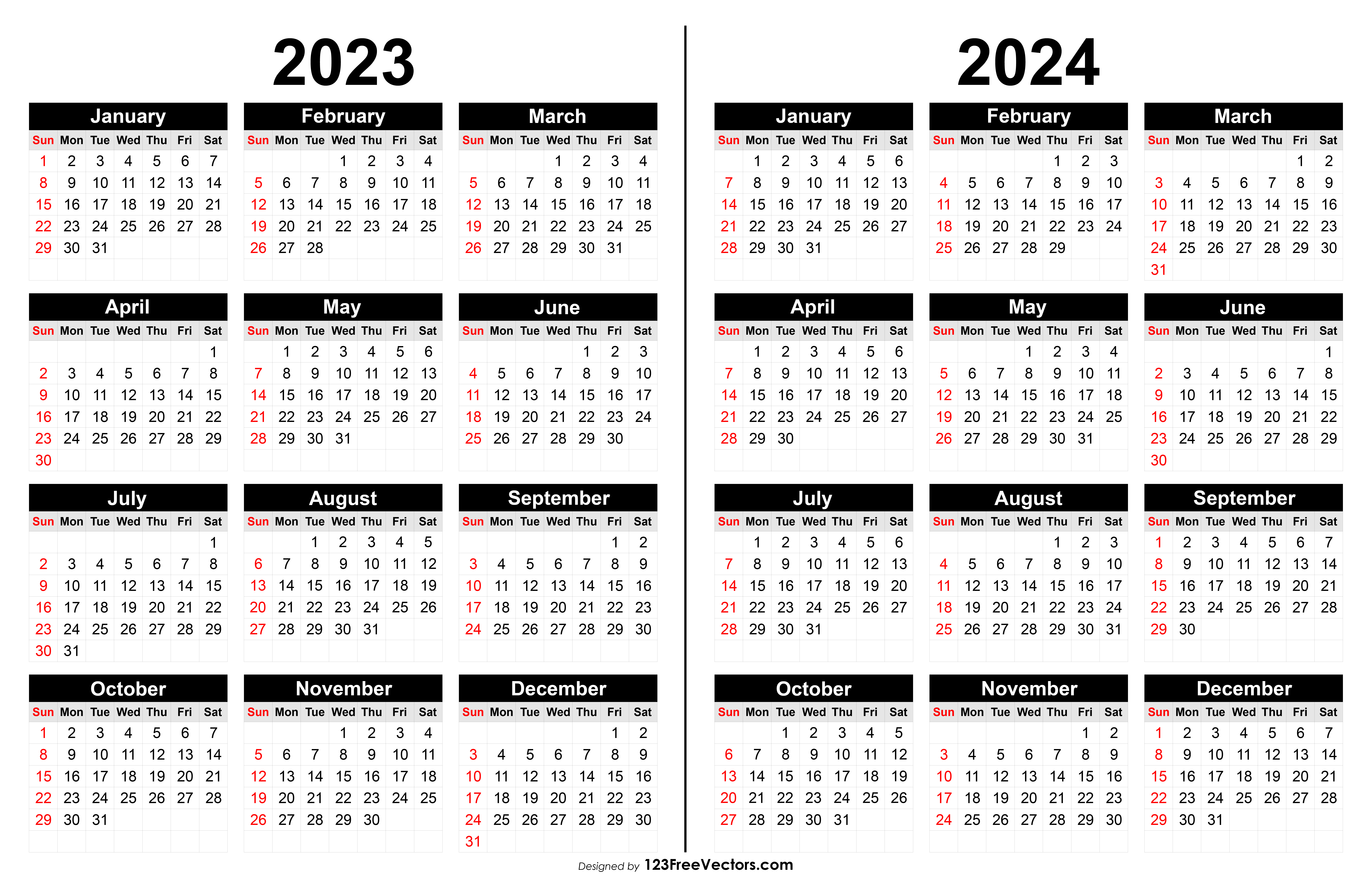 Free 2023 And 2024 Calendar Printable | 2023 And 2024 Yearly Calendar