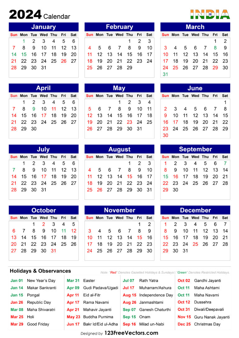 Free 2024 Calendar India | 2024 Printable Calendar with Holidays India