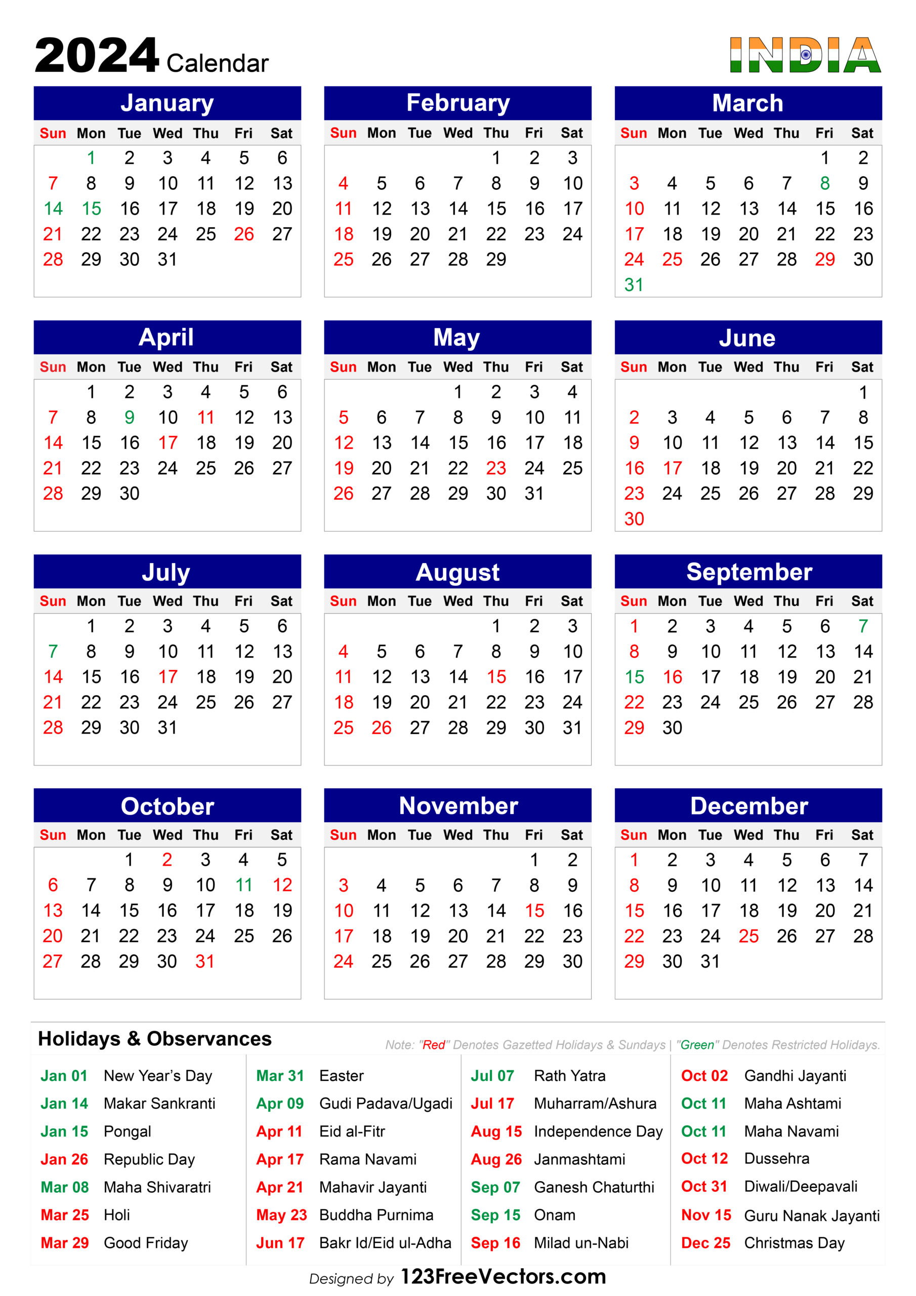 Free 2024 Calendar India | Printable Calendar 2024 India With Holidays And Festivals