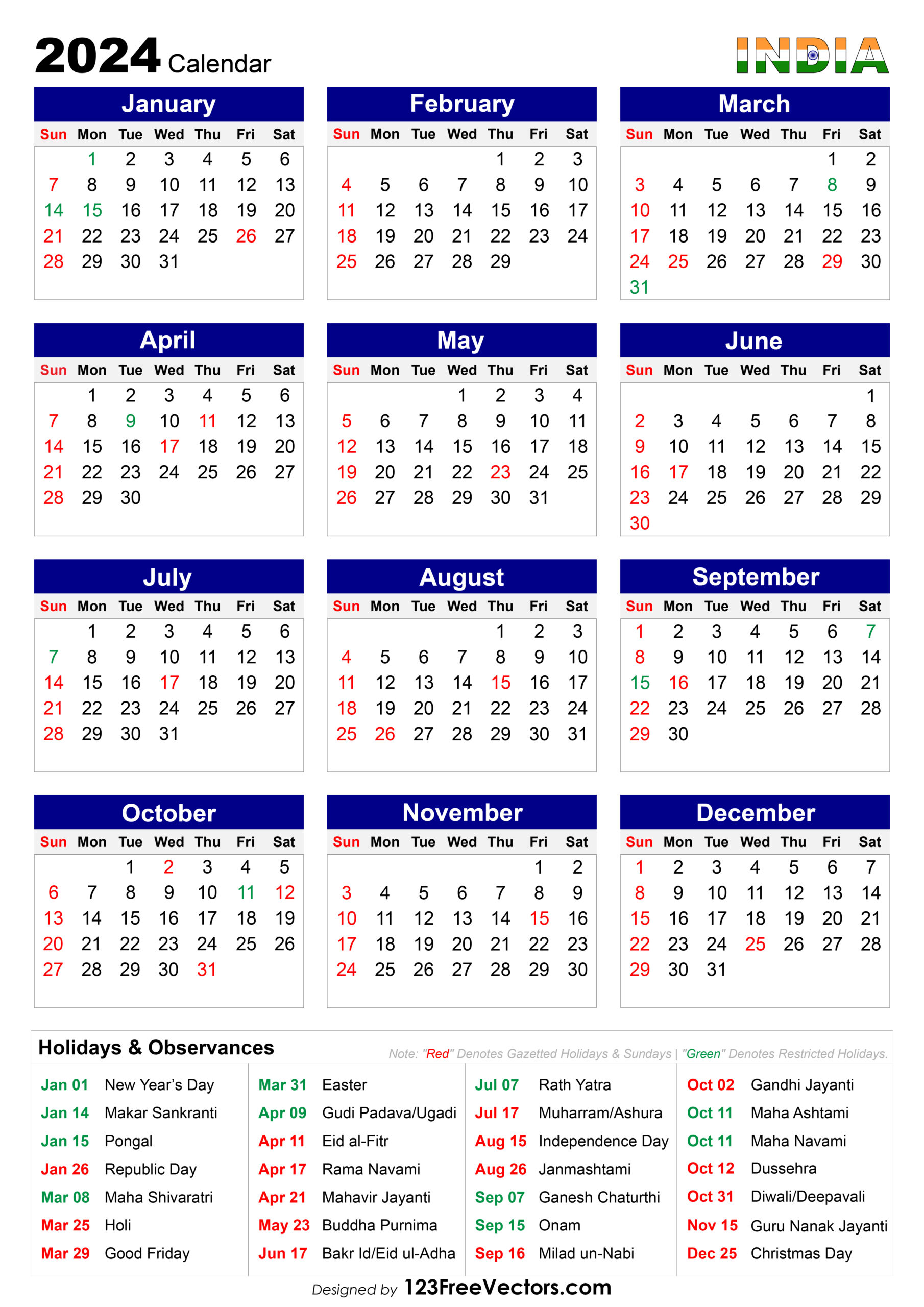 Free 2024 Calendar India | Printable Calendar 2024 PDF with Holidays and Festivals