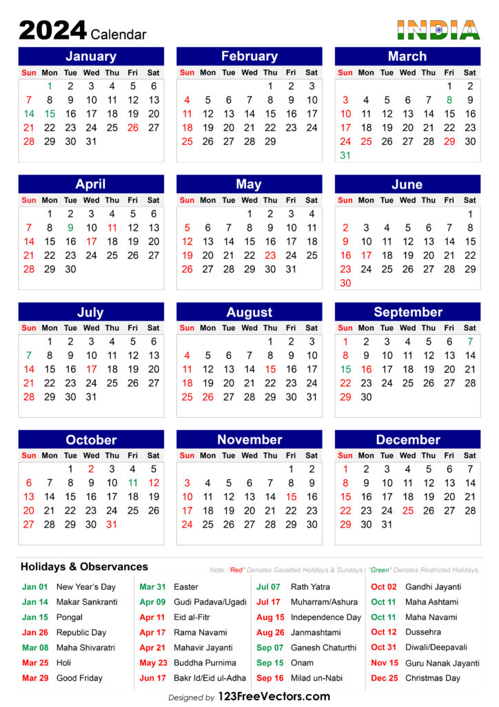 Printable Calendar 2024 with Holidays India | Printable Calendar 2024