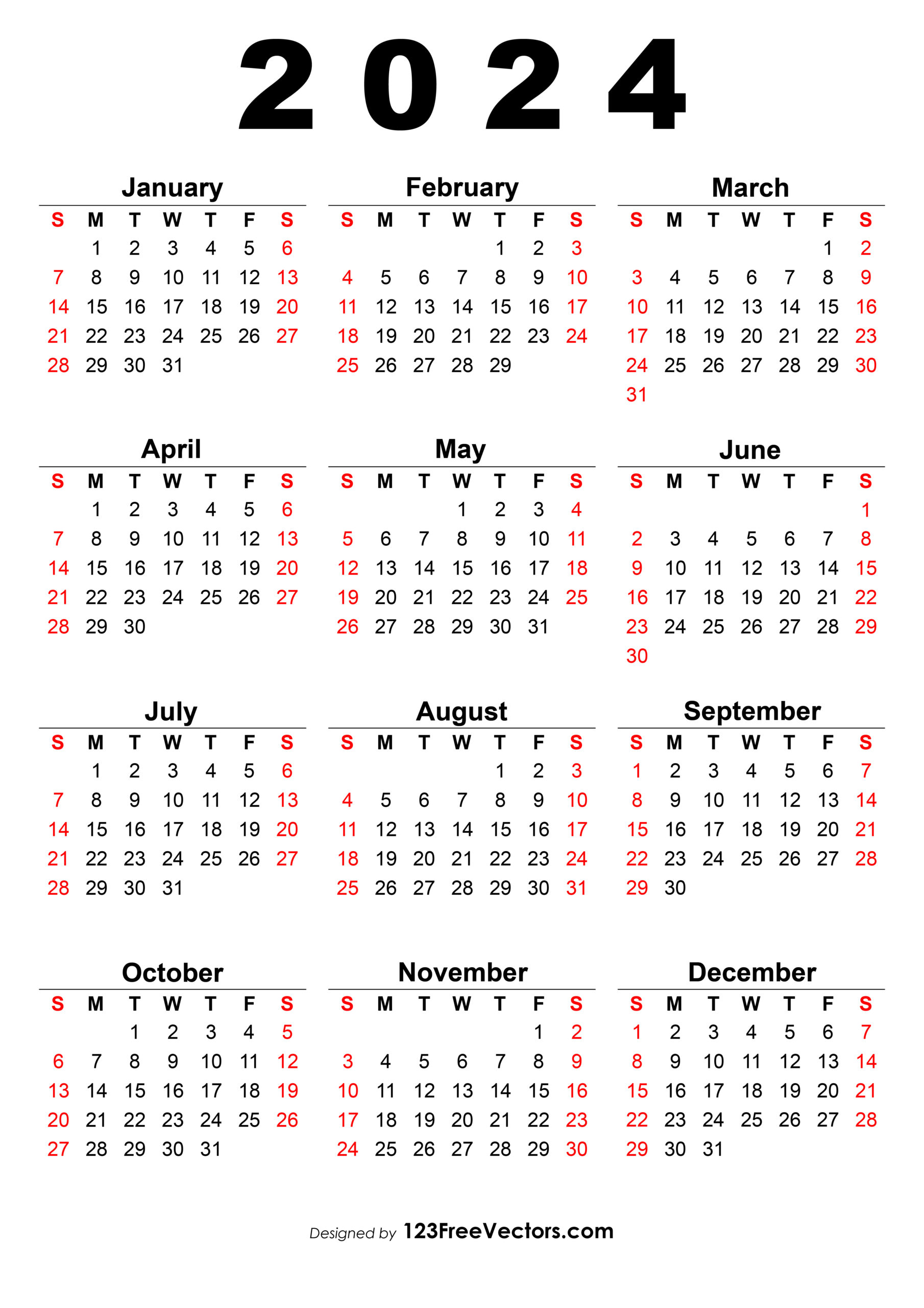 Free 2024 Calendar One Page | 1 Year Calendar 2024 Printable