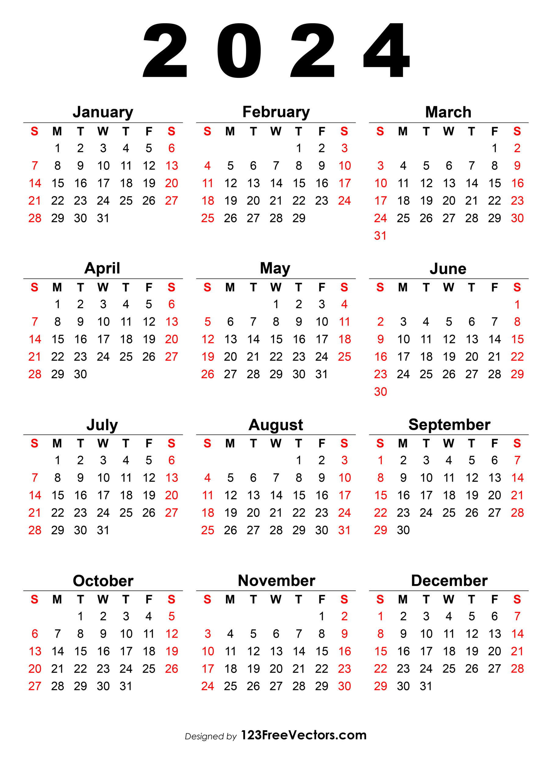 Free 2024 Calendar One Page | Free 2024 Yearly Calendar Printable One Page