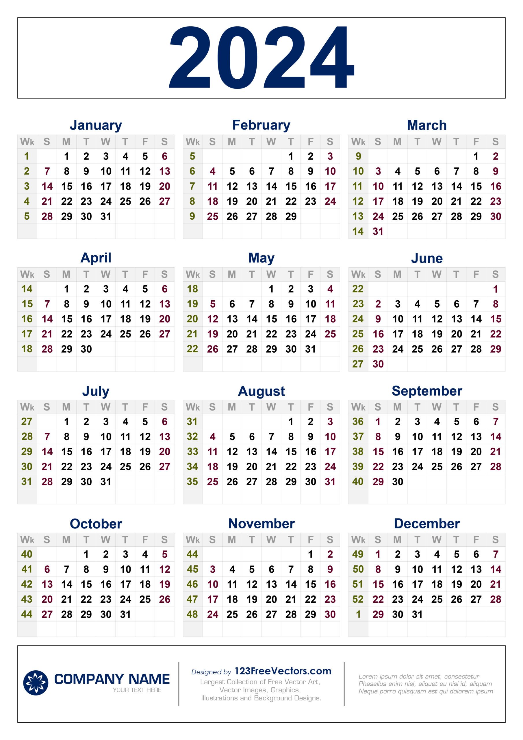 Free 2024 Calendar With Week Numbers | 2024 Year Calendar A4