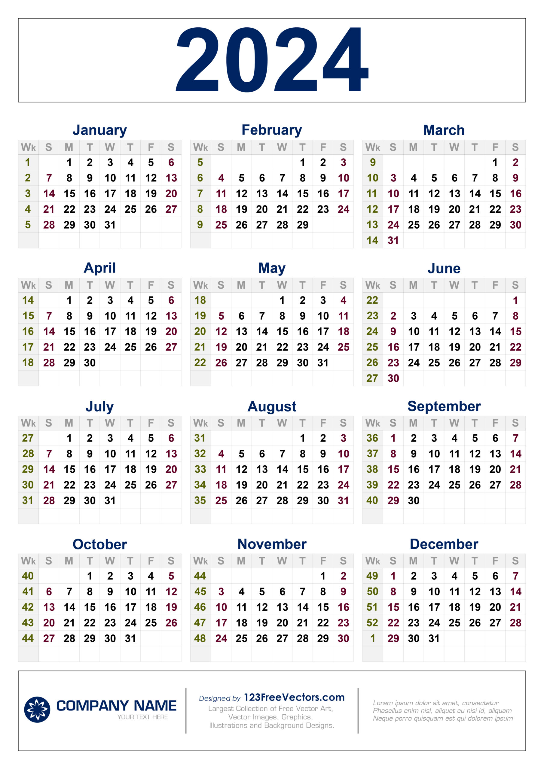 Free 2024 Calendar With Week Numbers | A4 Calendar 2024 Printable Free Download