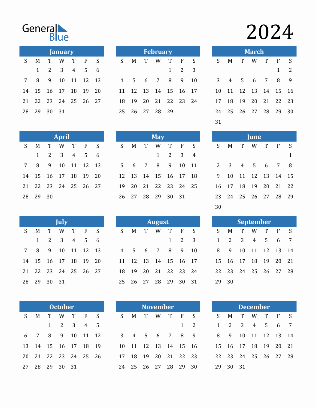 Free 2024 Calendars In Pdf, Word, Excel | 2024 Year View Calendar Printable