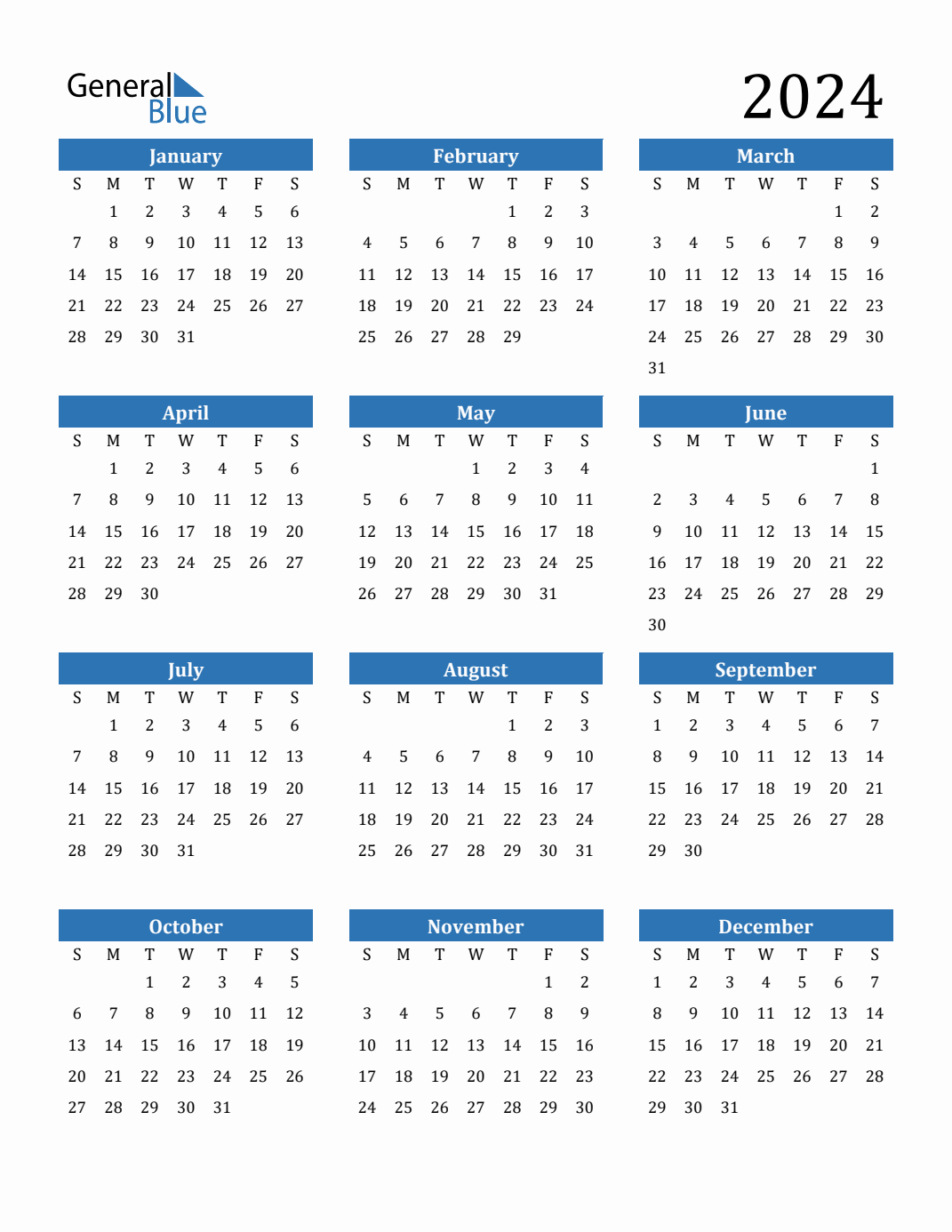 Free 2024 Calendars In Pdf, Word, Excel | 2024 Yearly Calendar View